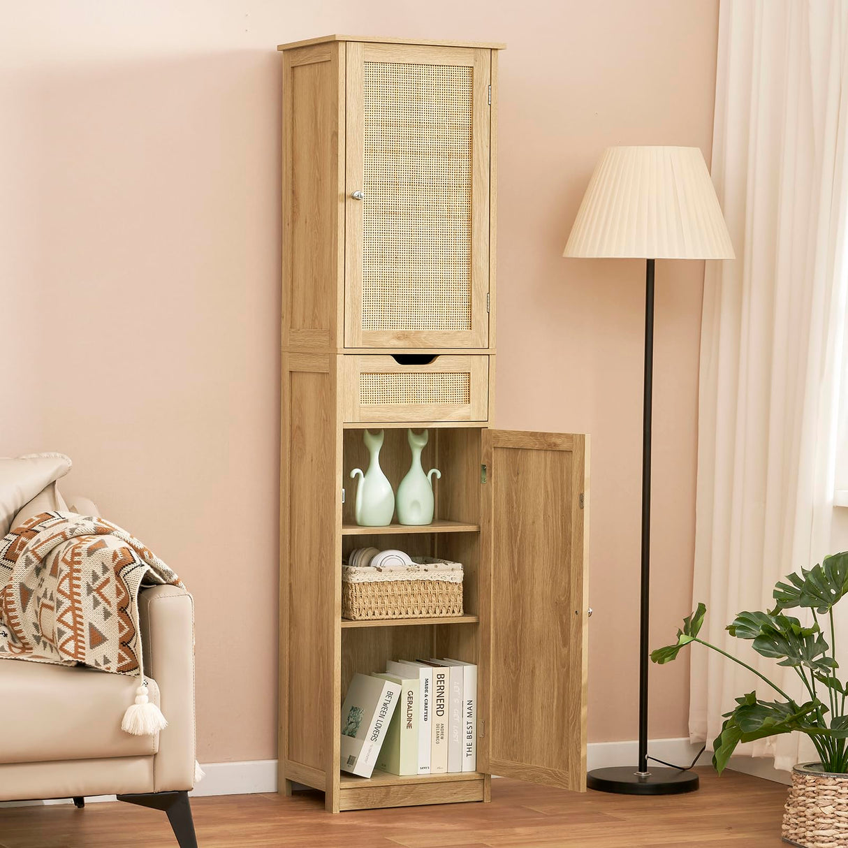Iwell Tall Bathroom Cabinet with Doors, Rattan Storage Cabinet with Adjustable Shelves, Freestanding Narrow Linen Cabinet for Living Room, Entryway, Kitchen, Home Office, Natural Iwell