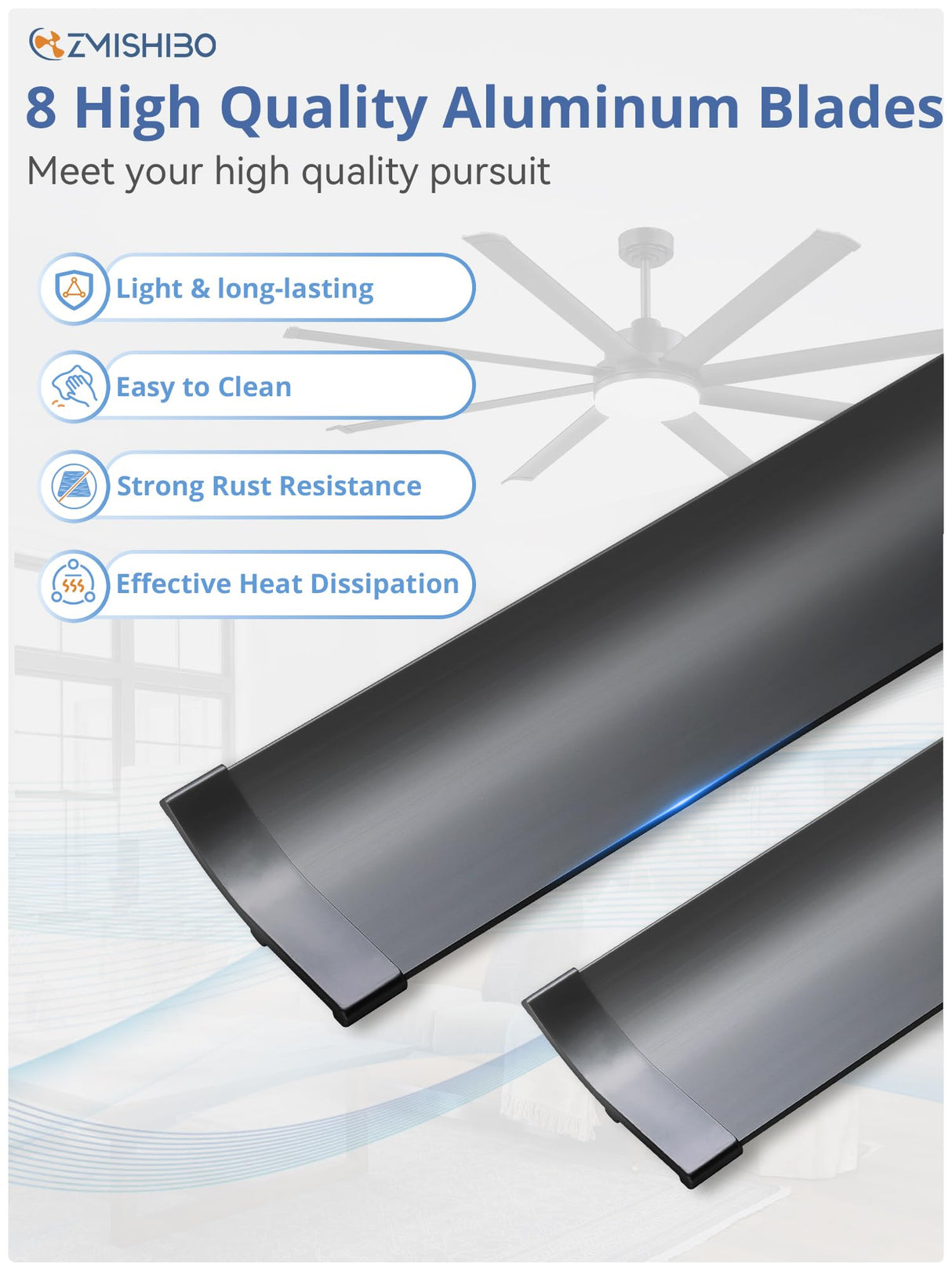 ZMISHIBO 72 Inch Smart Ceiling Fan with Light, Large Industrial Ceiling Fan with Modern 8 Aluminum Blades, 3000-6000K Dimmable, 6 Speeds, Black Fan Light with Remote/Alexa/App for Patio Living Room ZMISHIBO