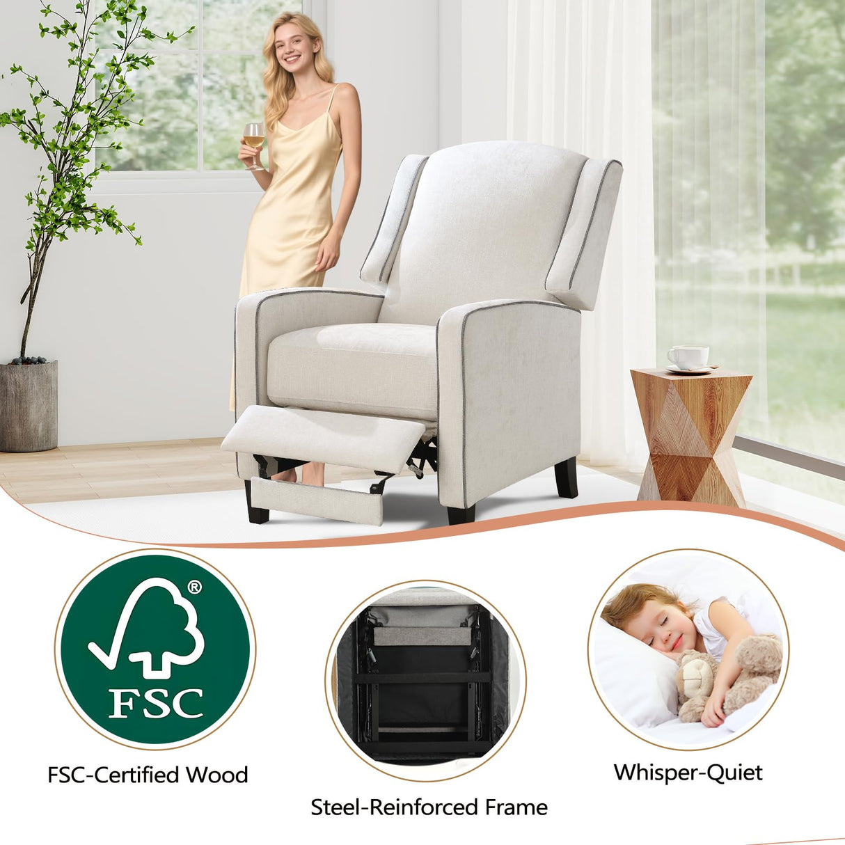 ANJ Push Back Recliner Chair, Soft Fabric Lounge Armchair,Wingback Recliner Single Sofa Chair with Steel-Reinforced Frame,Adjustable Pushback Chair for Living Room, Beige ANJ