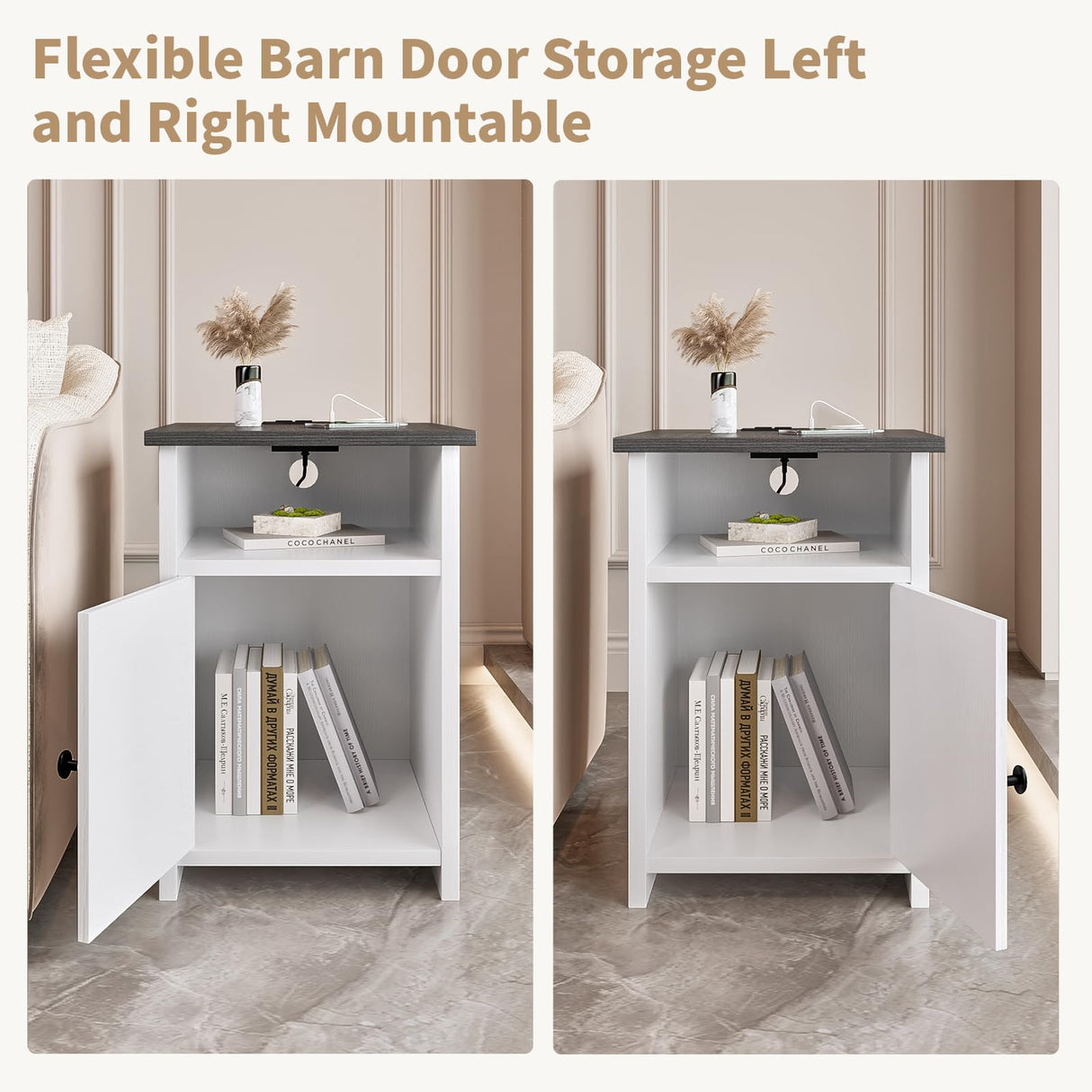 AURINEST Farmhouse Night Stand Set of 2 with Charging Station, End Tables with USB Ports&Power Outlets, Rustic Bed Side Table with Barn Door and Shelf for Living Room, Bedroom, Small Spaces, White AURINEST