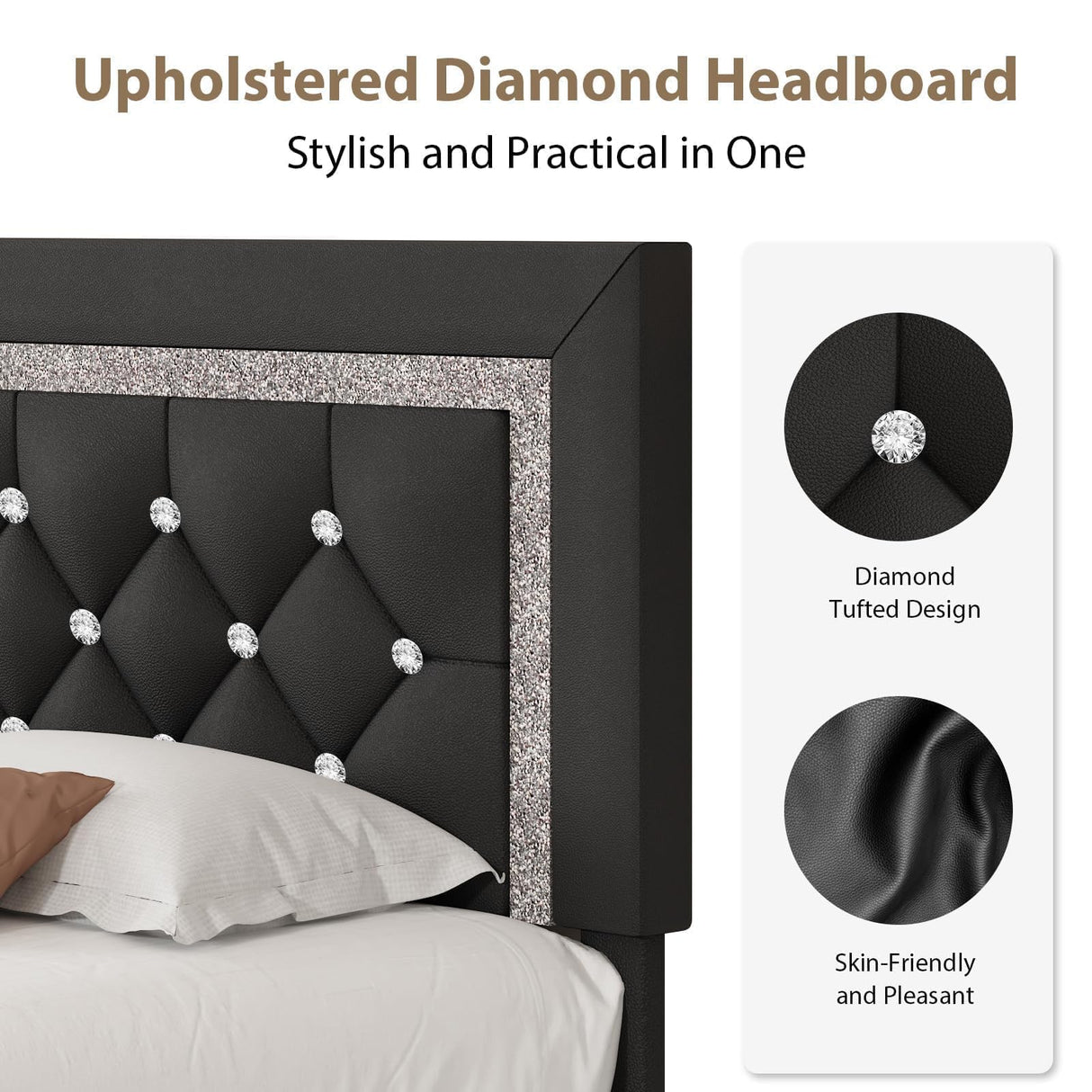 BarnFurin Queen Bed Frame with Tufted Button Headboard, Upholstered Platform Bed Frame with Diamond Design, Strong Wood Slat Support, No Box Spring Needed, Easy Assembly, Black BarnFurin