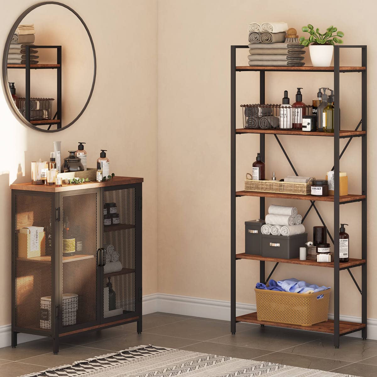 BON AUGURE 5-Tier Rustic Oak Industrial Bookshelf with Metal Frame BON AUGURE