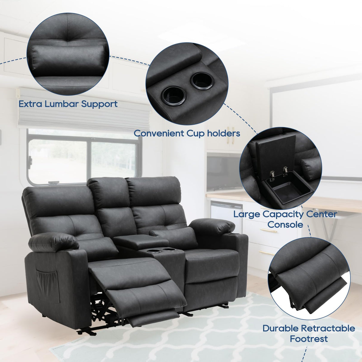RIHEREFY 68'' RV Power Loveseat Sofa Recliner | Wall Hugger Loveseat | Double Reclining Sofa with Cup Holder | Recliner with Heat and Massage | Theater Seating(PU, Black-Gray) RIHEREFY