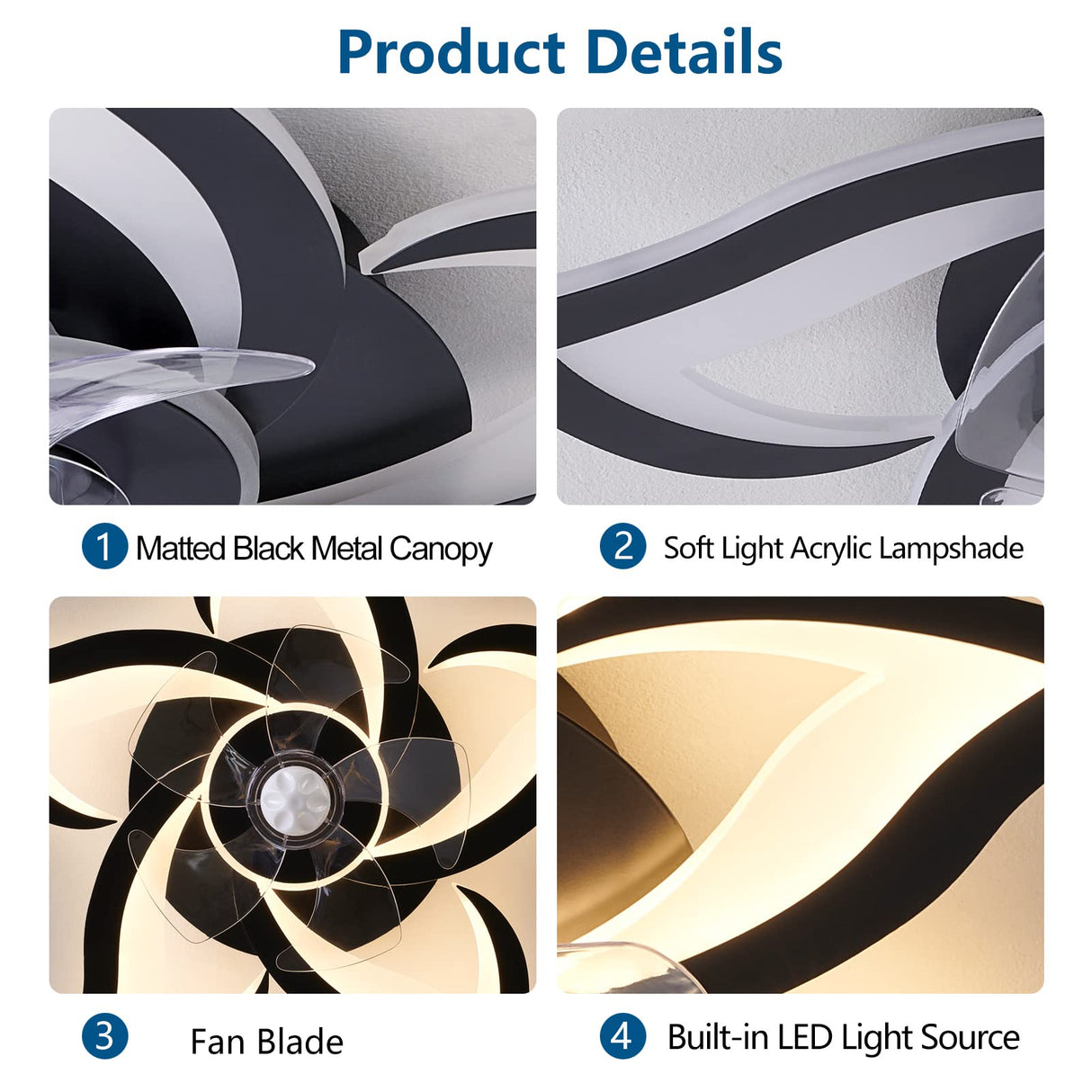 Dalouguan Ceiling Fan with Lights Remote Control, 24" Black, 6 Speeds 3 Light Color Low Profile Flush Mount Ceiling Fan for Kitchen Bedroom Dalouguan