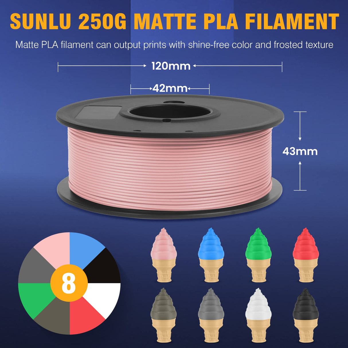 SUNLU 3D Printer Filament Bundle Muticolor, PLA Filament 1.75mm Matte, Neatly Wound Filament, Smooth Matte Finish, 2kg in Total, 0.25kg Spool, 8 Packs, Black+White+Grey+Clay+Green+Pink+Blue+Red SUNLU