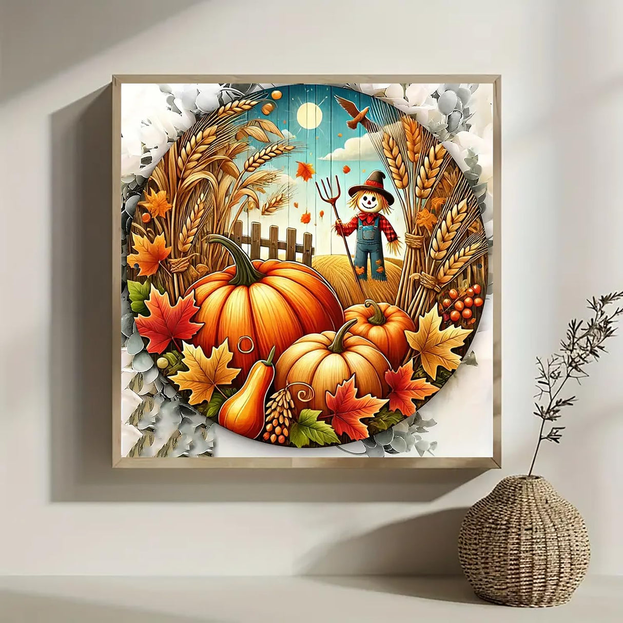 Fall Farm Pumpkin Scarecrow Diamond Art Kits for Adults, 5D Diamond Painting Kits for Adults Beginners, DIY Full Round Drill Diamond Dot Painting Gem Art Kits for Adult, Home Wall Decor 13.8x13.8 Inch VCLKDIY