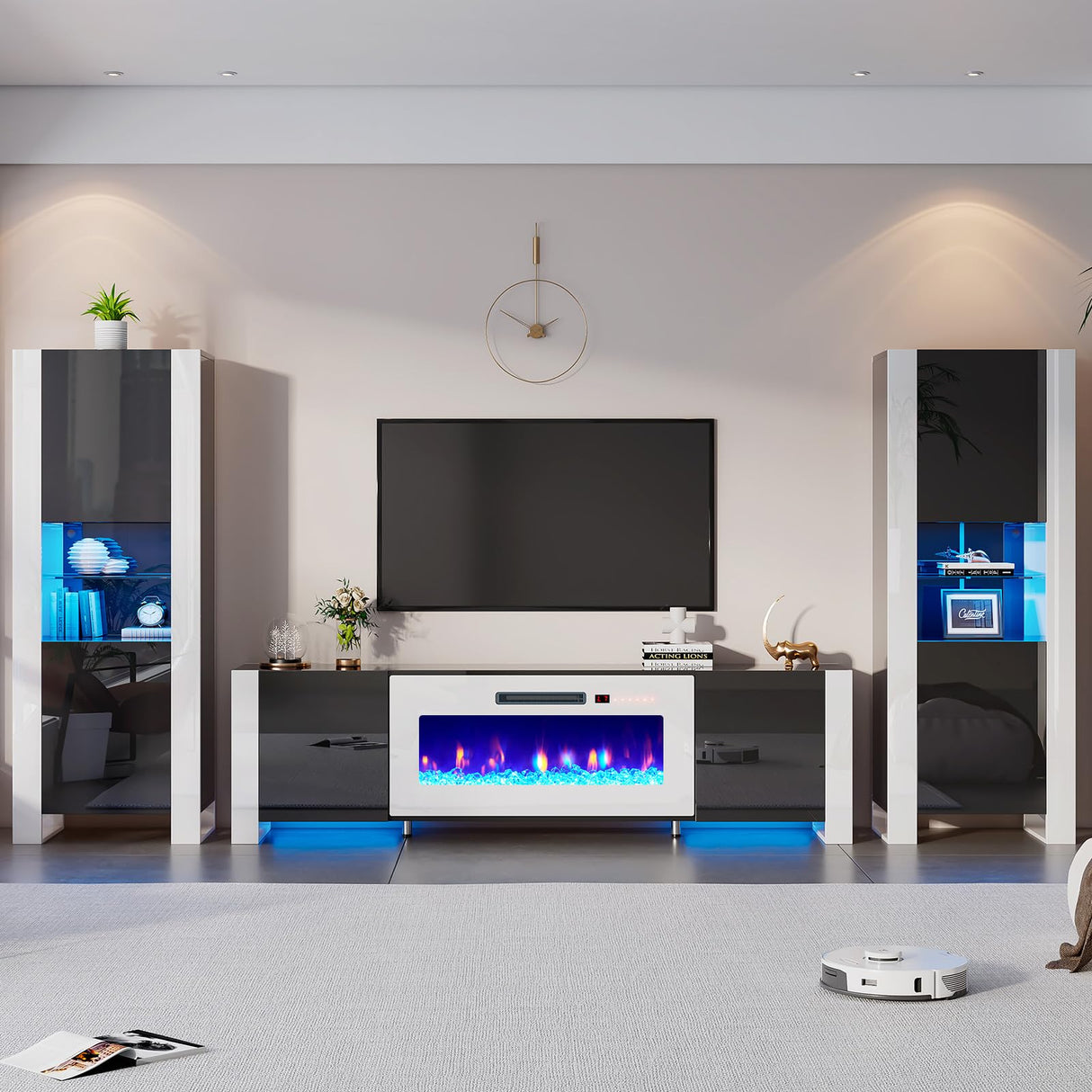 AMERLIFE Modern LED Bookcase, 68in Storage Cabinet with 6 Tiers for Storage & 3 Adjustable Shelves, High Glossy Display Case for Living Room, Home Office, Study Room, Black AMERLIFE