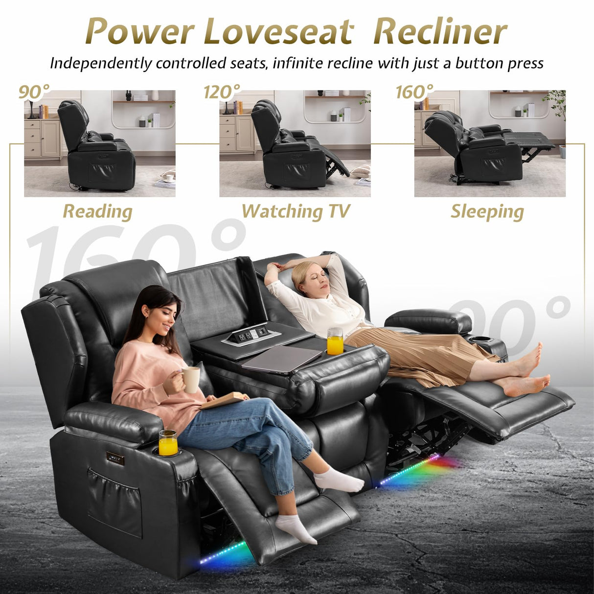 SAMERY Power Loveseat Recliner Sofa with Adjustable Split Back, Multi-Port Charger, Flip-Up Backrest & LED Lighting - Home Theater Seating with Storage, Cup Holders, Black Faux Leather Loveseat SAMERY