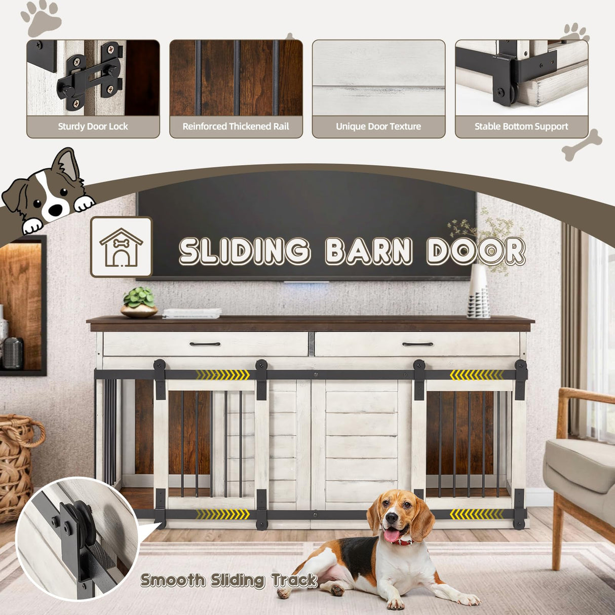 Erinnyees Solid Wood Dog Crate Furniture, 72.4" Wooden Indoor Dog Kennel Furniture for Large Dogs, Heavy Duty Dog Crates with Divider, Indoor Dog Cage Furniture TV Stand with Sliding Doors and Drawers Erinnyees