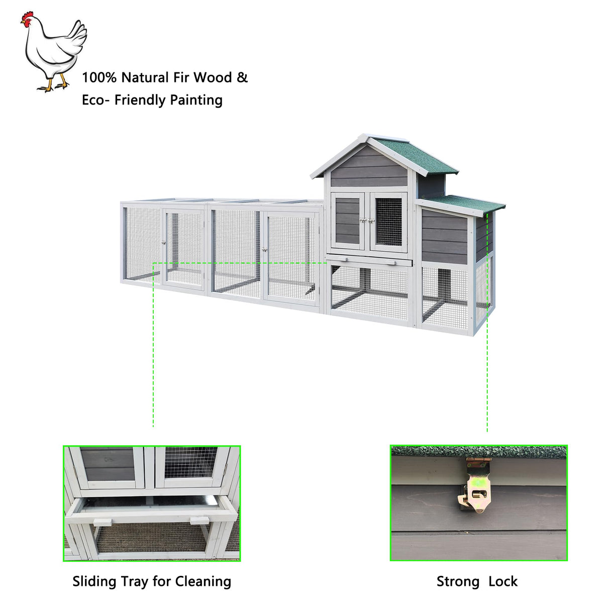 YOPTO 122" Large Chicken Coop with Run,Outdoor Chicken Run W/Nesting Box & Perch,Wooden Hen House W/Ramp & Sliding Trays,Waterproof Poultry Cage W/Sloped Asphalt Roof,for 3-4 Chickens,Gray YOPTO