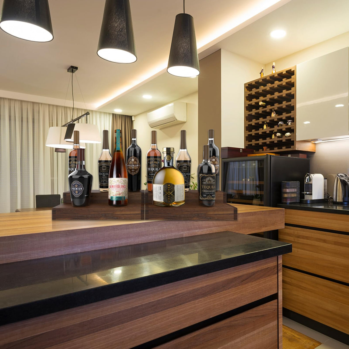 tongmo 2 pack Liquor Bottle Stand - 2 Tier Liquor Bar Bottle Display Shelf, Holds 16Bottles, Real Wood, Easy to Clean, No Installation Required - 15.8 Inch each (Dark Walnut) tongmo