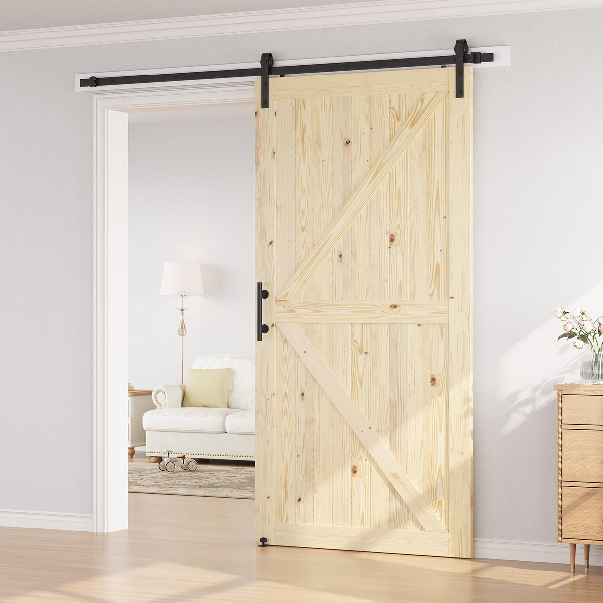 SMARTSTANDARD 48in x 96in Sliding Barn Door with 8ft Barn Door Hardware Kit Included, Unfinished Solid Spruce Wood Door, Assembly Required, DIY, Stainable, Fit Opening up to 46in x 94in SMARTSTANDARD