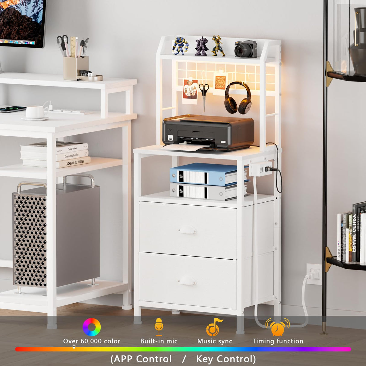 Furologee Tall Nightstand with Charging Station & LED Lights, 41'' Bedside Table with 2 Drawers & Pegboard, White Night Stand with Hooks & Folders, End Table with Shelves for Bedroom/Living Room Furologee