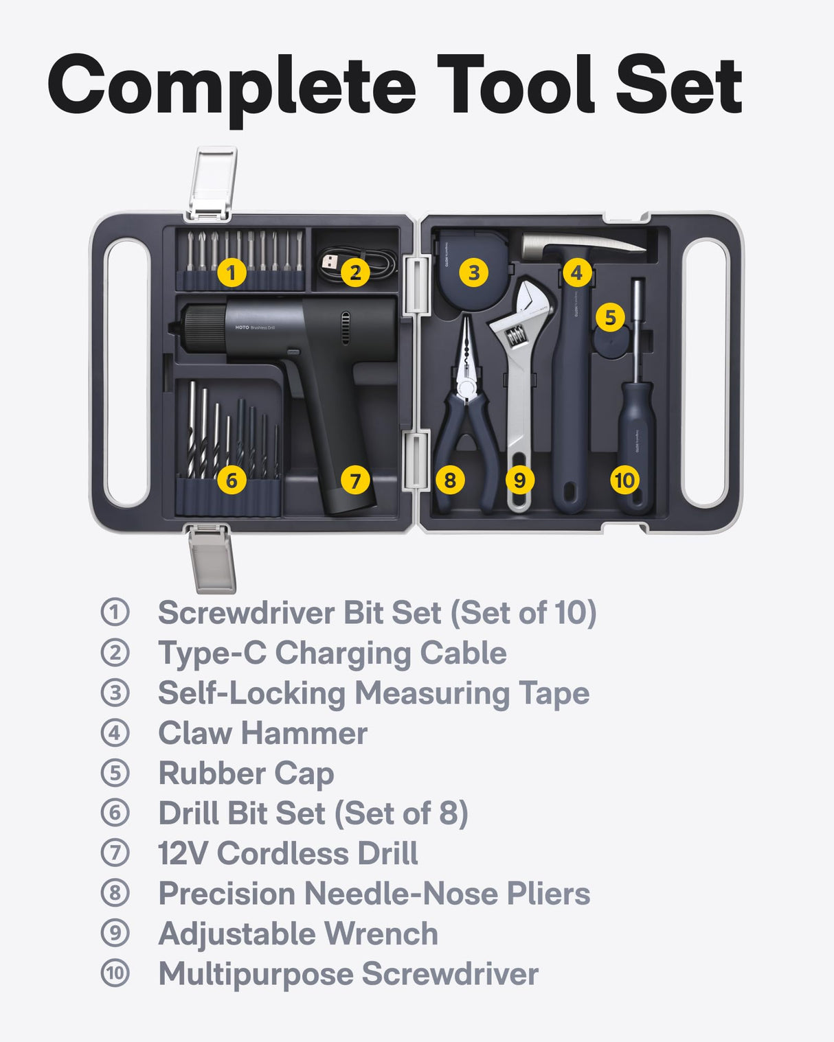 HOTO Cordless Brushless Drill Tool Set, Variable Speed, Hidden Buckle, Unique LED Screen, Intelligent Digital Display, Safe, Exquisite & Practical, High-end Drill Kit for Home/Daily Use HOTO