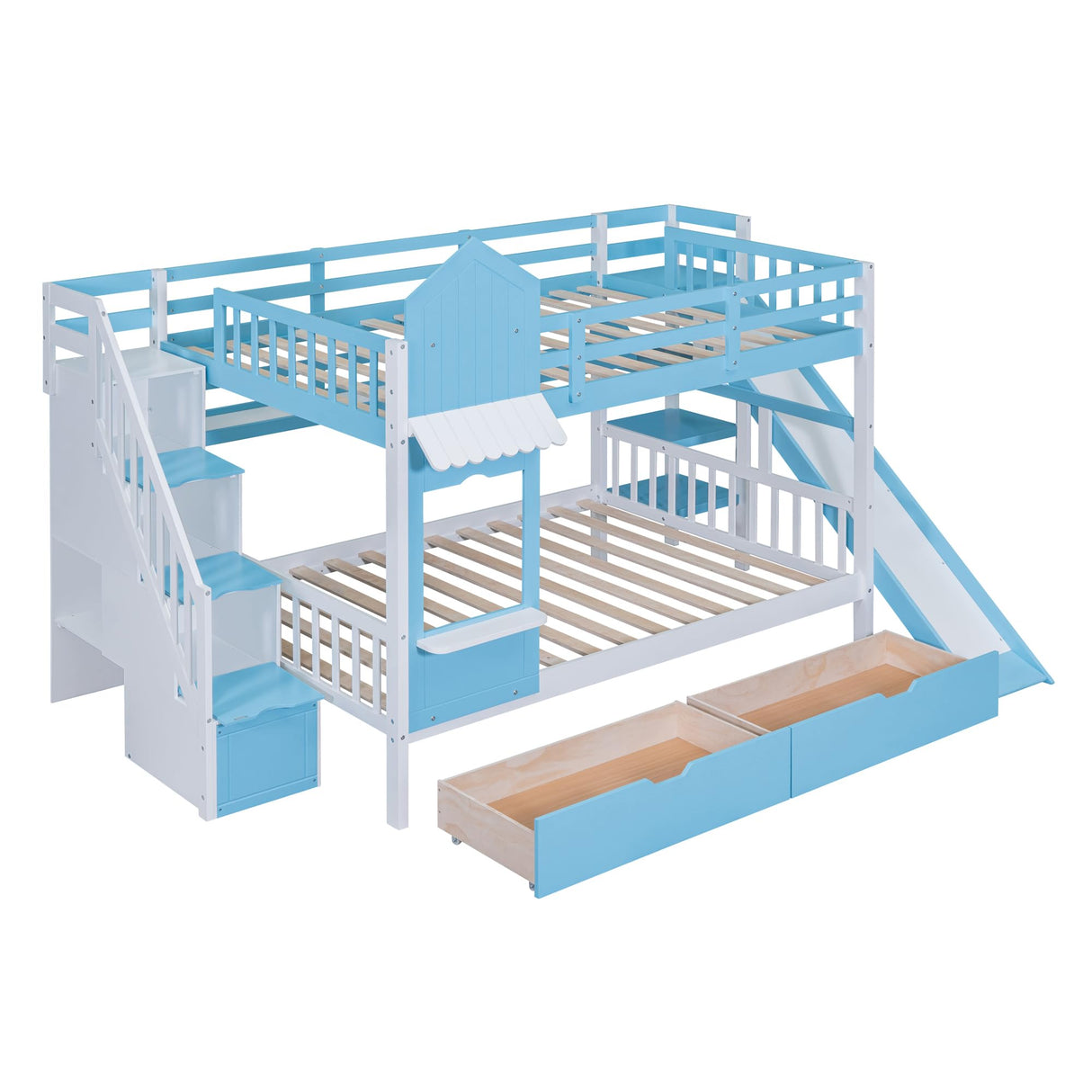 Harper & Bright Designs Full Over Full Bunk Bed with Slide and Stairs, Castle Style Bunk Beds with Storage Drawers and Shelves, Wooden Loft Bunk Bed Frame for Kids, Teens, Boys & Girls (Blue) Harper & Bright Designs