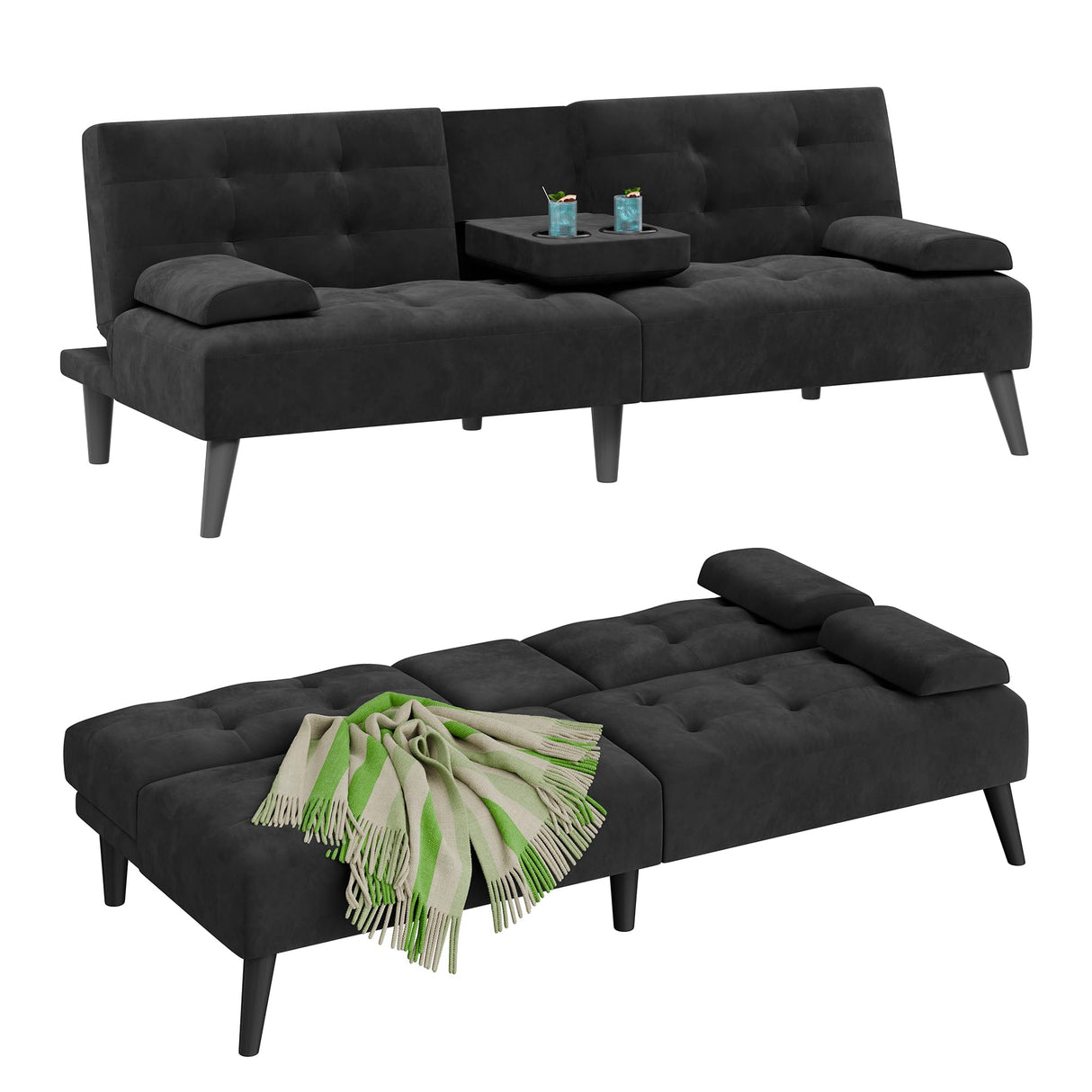 JAMFLY Futon Couches Loveseat Sofa Bed, Convertible Lazy Futon Sofa Bed with Cup Holder for Small Spaces, Bedroom, Apartment, Dorm, Living Room, Dorm, Black Velvet JAMFLY
