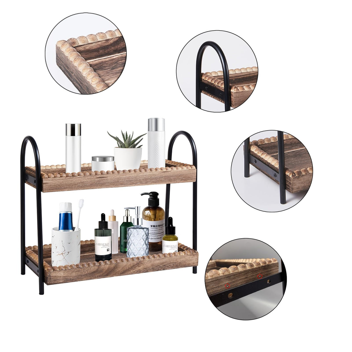 BDBDYEAY Bathroom Countertop Organizer, 2 Tier Vanity Organizer and Storage for Cosmetic Skincare Perfume, Wood Bead Storage Shelf for Bathroom Kitchen Coffee Station BDBDYEAY
