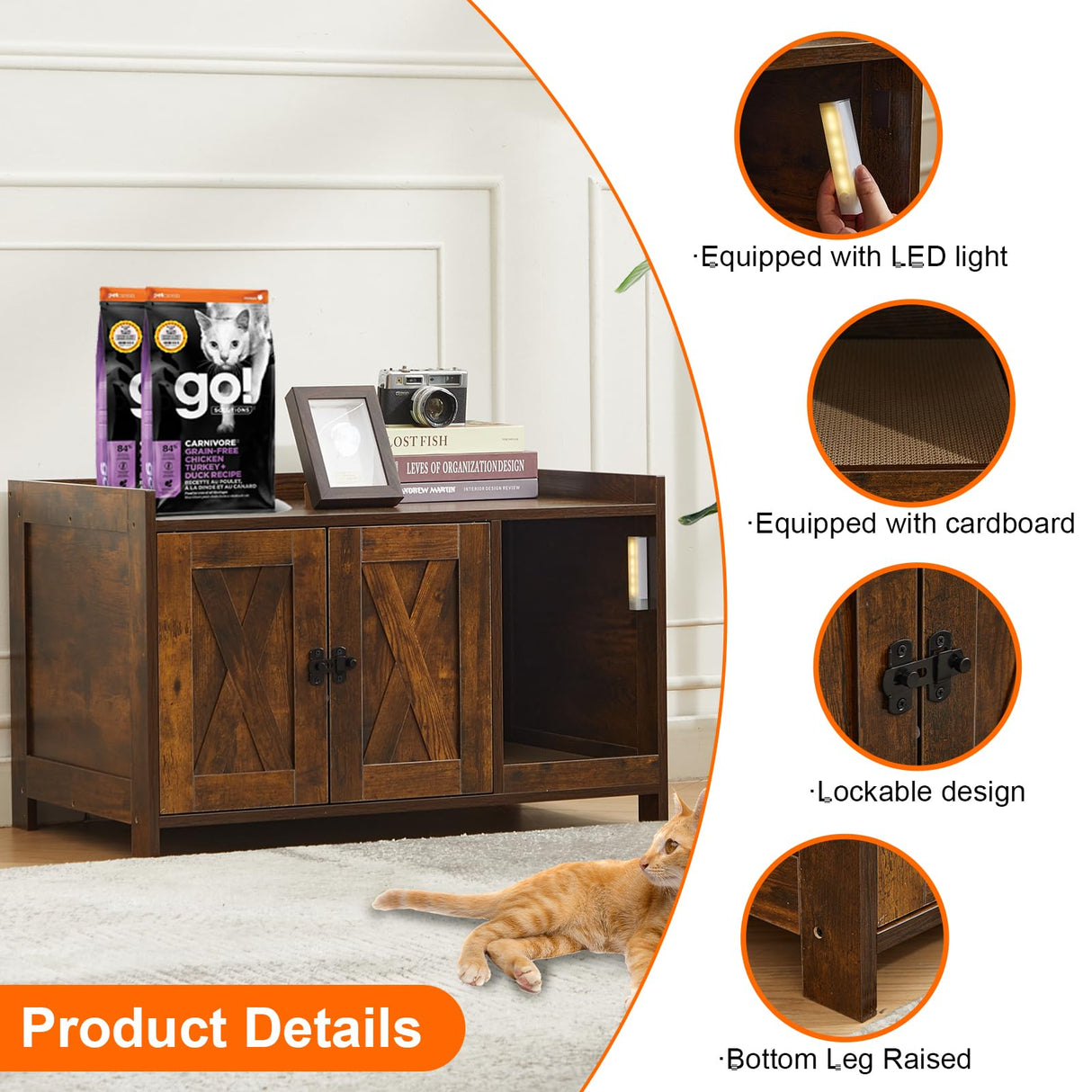 CHARMELEON Cat Litter Box Enclosure,Hidden Litter Box Furniture Cabinet with Scratch Pad & Sensor Light,Wooden Pet House Side End Table for Living Room,Bedroom,31.5" Lx19.69 Wx19.69 H(Rustic Brown) CHARMELEON