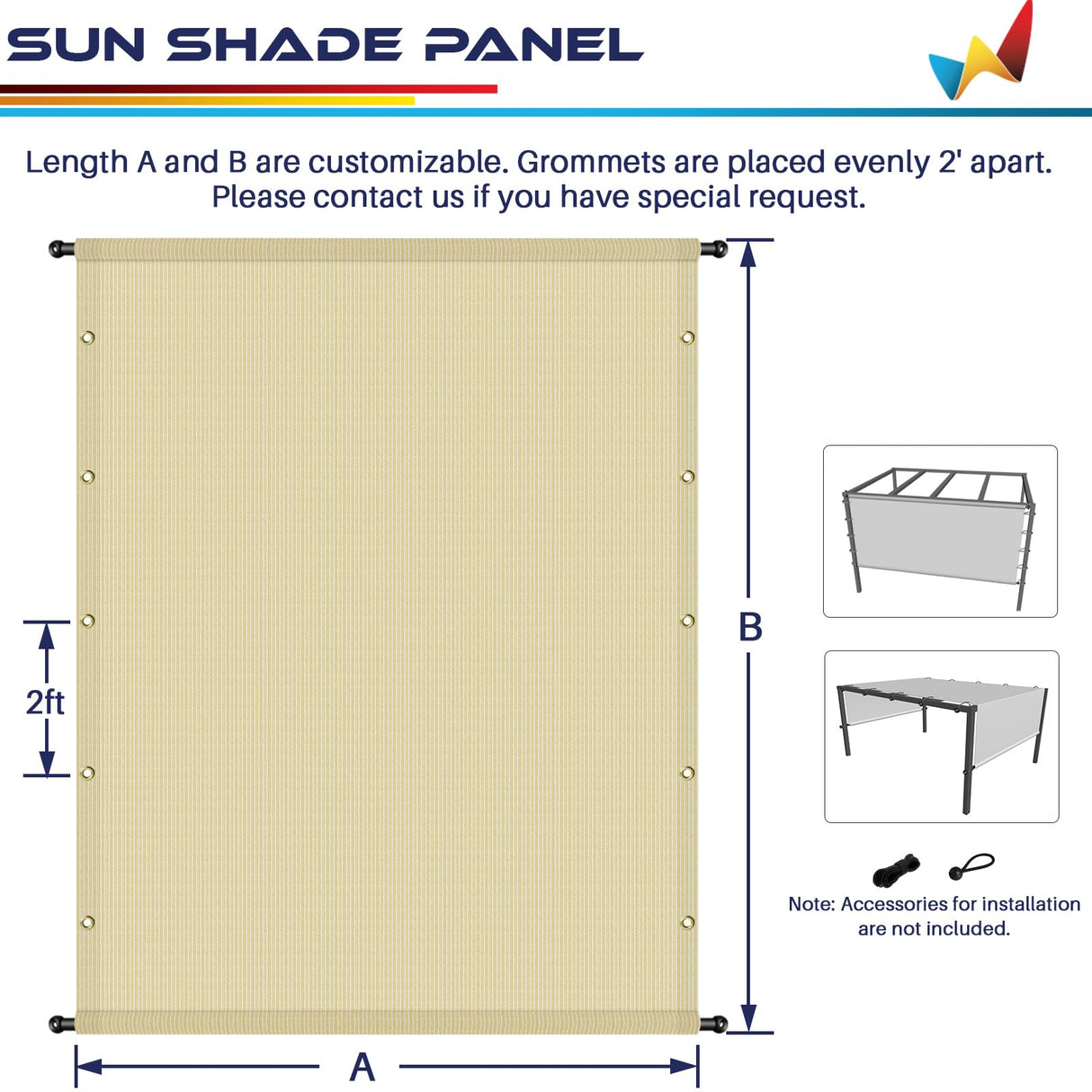 Windscreen4less 10' x 16' Universal Replacement Shade Cover Canopy for Pergola Patio Porch Privacy Shade Screen Panel with Grommets on 2 Sides includes Weighted Rods Breathable UV Block Beige Tan Windscreen4less