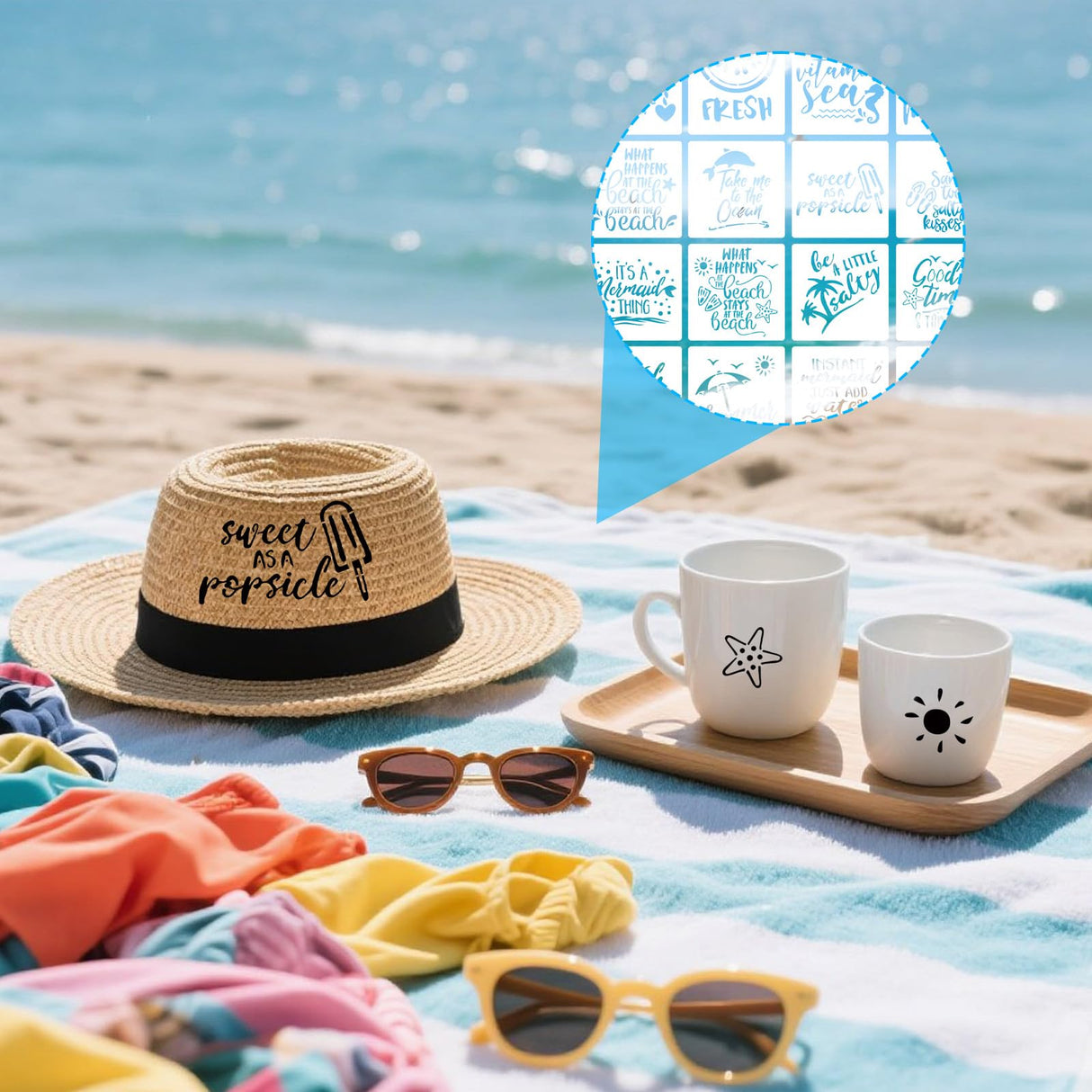 16pcs Beach Theme Stencils for Painting, 8in Reusable Plastic Ocean Stencils Perfect for DIY Summer Beach Art on Wood Fabric and Walls Tinoaly