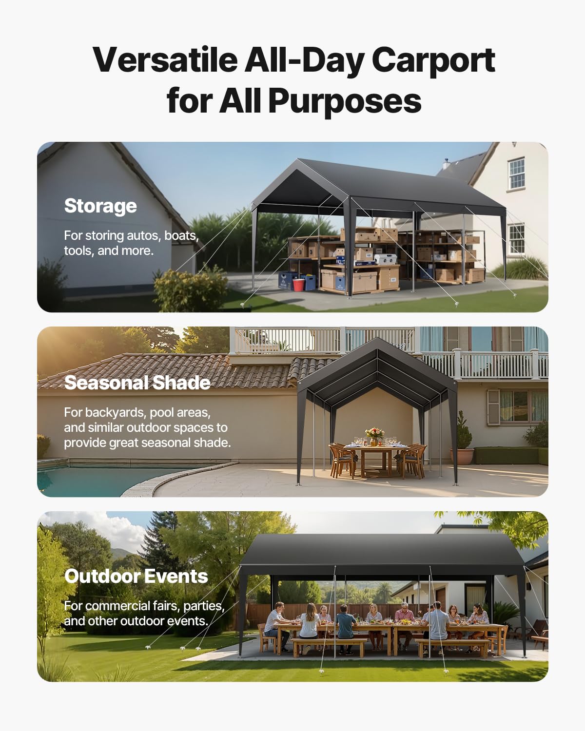 VEVOR Carport, 10 x 20 FT Outdoor Car Canopy, Potable Carport, Heavy Duty Galvanized Car Shelter, UV-Resistant & Water-Resistant, All-Season Protection, Storage Shed for Car Boat Motorcycle Grey VEVOR