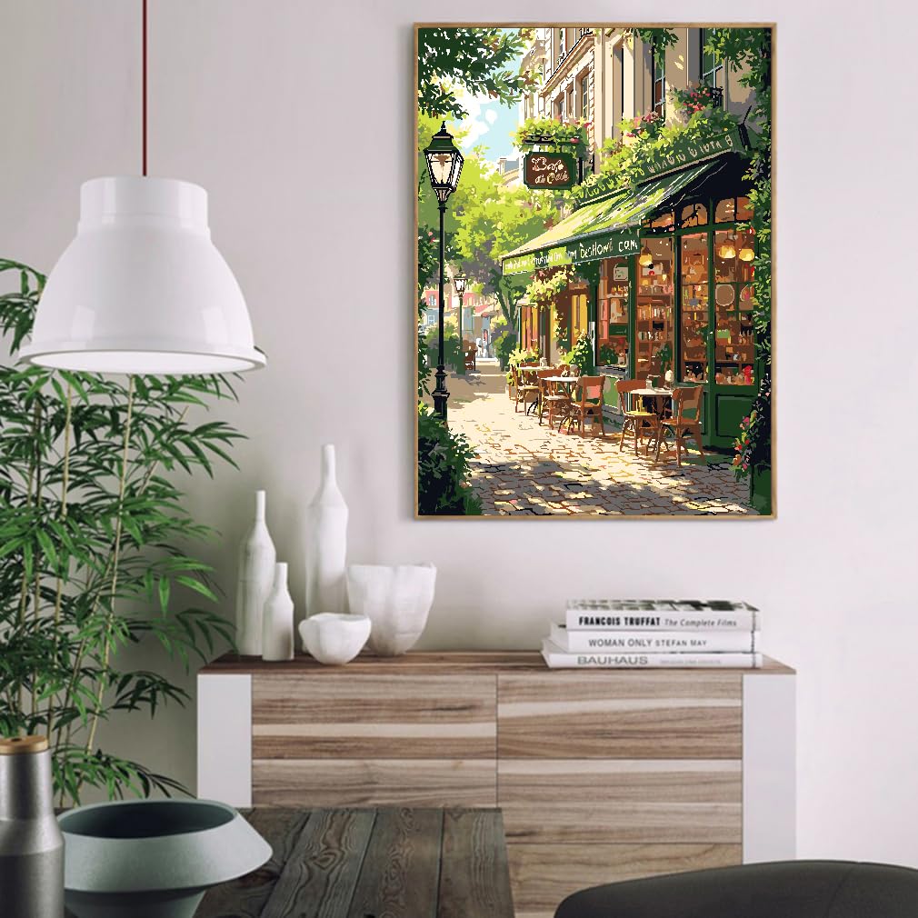 Mrnsiet Paint by Numbers Kit for Adults, Easy Street Cafe Adult Paint by Number Kits on Canvas, Spring Scene DIY Acrylic Oil Number Painting Kits for Home Wall Decor Gift 16x20 Inch Mrnsiet