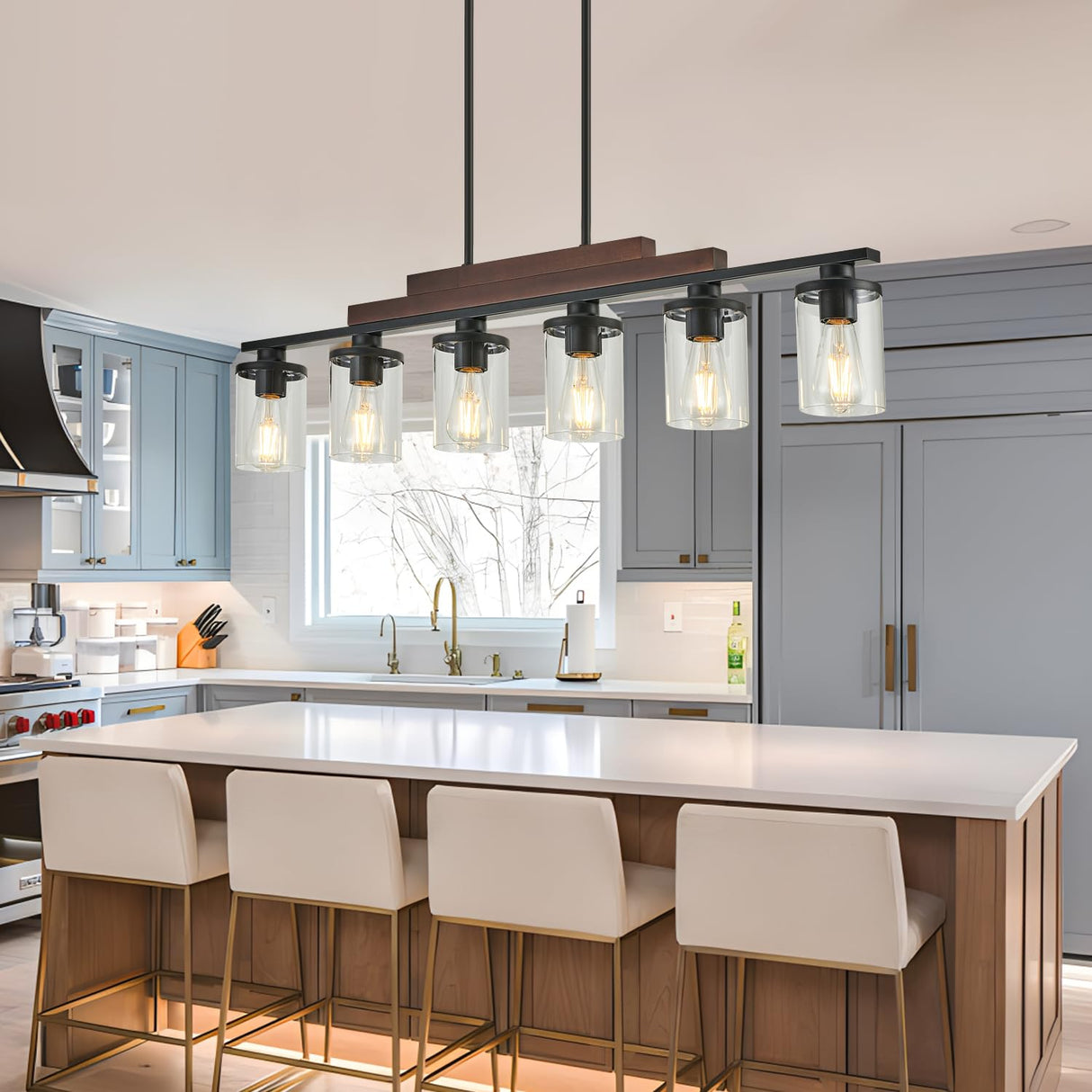 Farmhouse Chandelier 6-Light Dining Room Light Fixture Over Table Kitchen Island Lighting Rustic Chandeliers for Dining Light with Glass Shade Wood Pendant Lights Kitchen Island TWIG