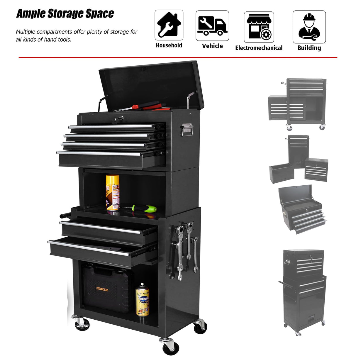 6 Drawer Rolling Tool Chest,Black Large Tall Tool Box with Wheels,Lockable Stand up Toolbox,Metal Garage Tool Cabinets Organizer,Rolling Tool Cart for Workshop Garvee