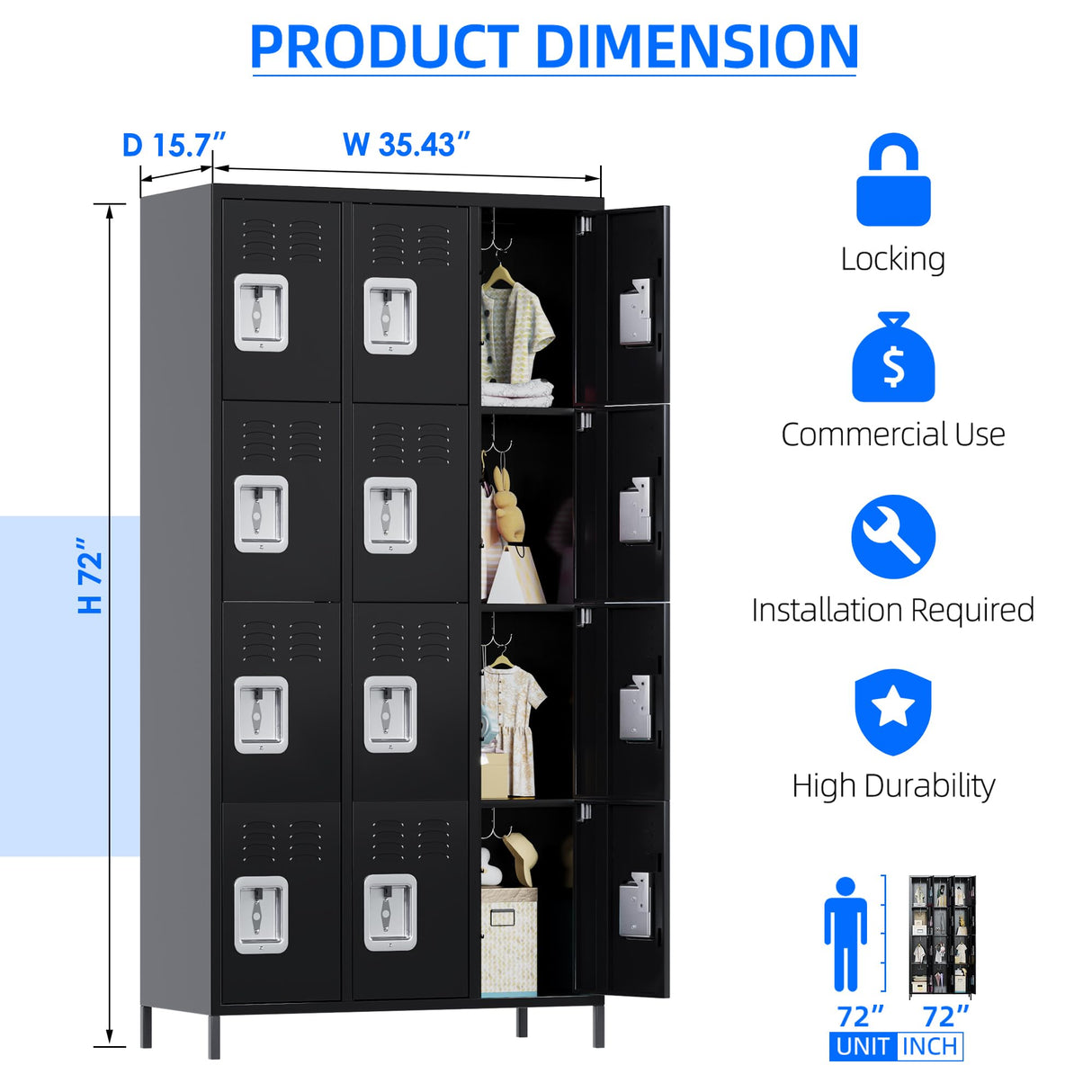 METAN Metal Locker for School Office Gym Bedroom, 12 Doors Black Steel Storage Locker Cabinet for Employees, Industrial Storage Locker, Assembly Required (12 Door-Black) METAN