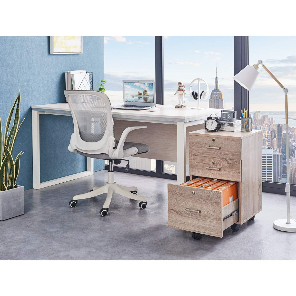 Bonnlo 26"H 3 Drawer File Cabinet with Lock, Rolling File Cabinet Under Desk, Mobile File Cabinets for Home Office, Wood File Cabinet Printer Stand for Letter Size File Folders, Assembly Required, Oak Bonnlo