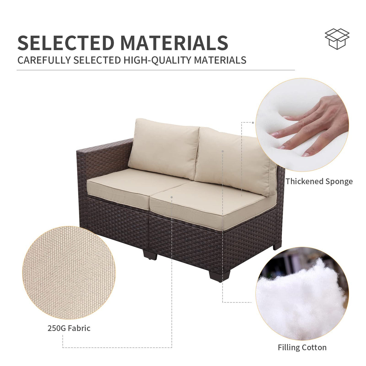 Patio PE Wicker Furniture Set 4 Pieces Outdoor Brown Rattan Sectional Conversation Sofa Chair with Storage Box Table and Khaki Cushions Valita