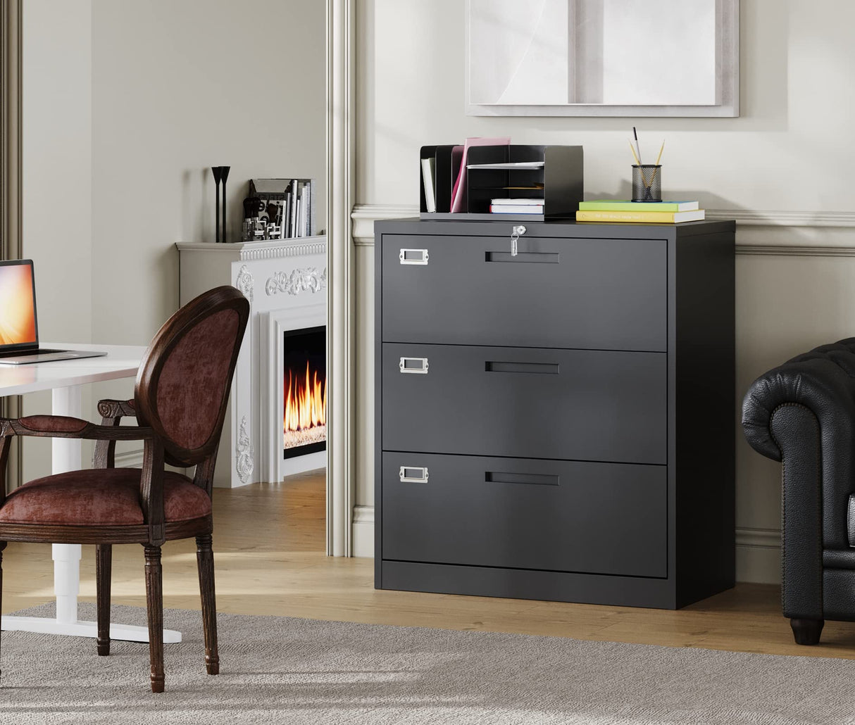 MIIIKO Lateral File Cabinet with Lock, 3 Drawer Lateral Filing Cabinet, Large Deep Drawers Locked by Keys, Metal Storage File Cabinet for Hanging Files Letter/Legal/F4/A4 Size MIIIKO