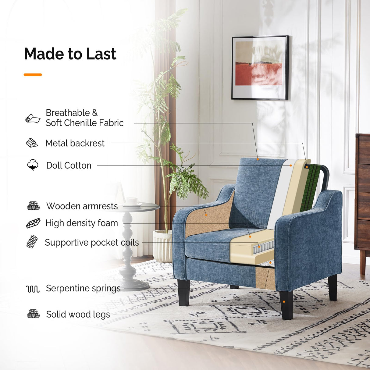 VINGLI Mid Century Modern Accent Chair,Navy Blue Chenille Chairs for Living Room Upholstered Armchair with Scooped Arms for Bedroom,Apartment,Studio,Office,Waiting Room VINGLI