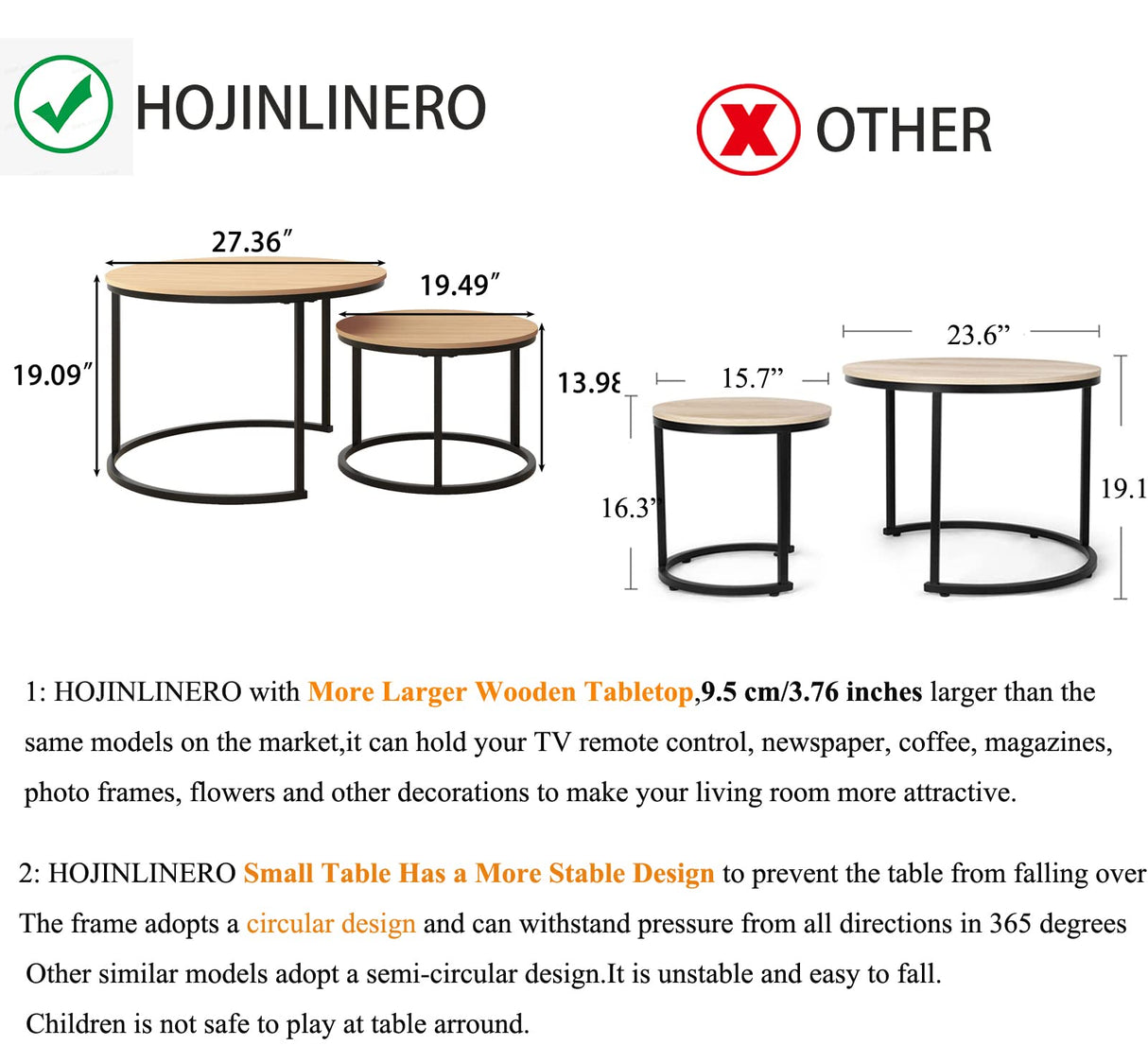 HOJINLINERO Round Coffee Table Set of 2 End Table for Living Room,Stacking Side Tables,Sturdy& Easy Assembly,Wood Look Accent Furniture with Metal Frame,Industrial/Modern Coffee Table White+Teak OAKDK HOJINLINERO