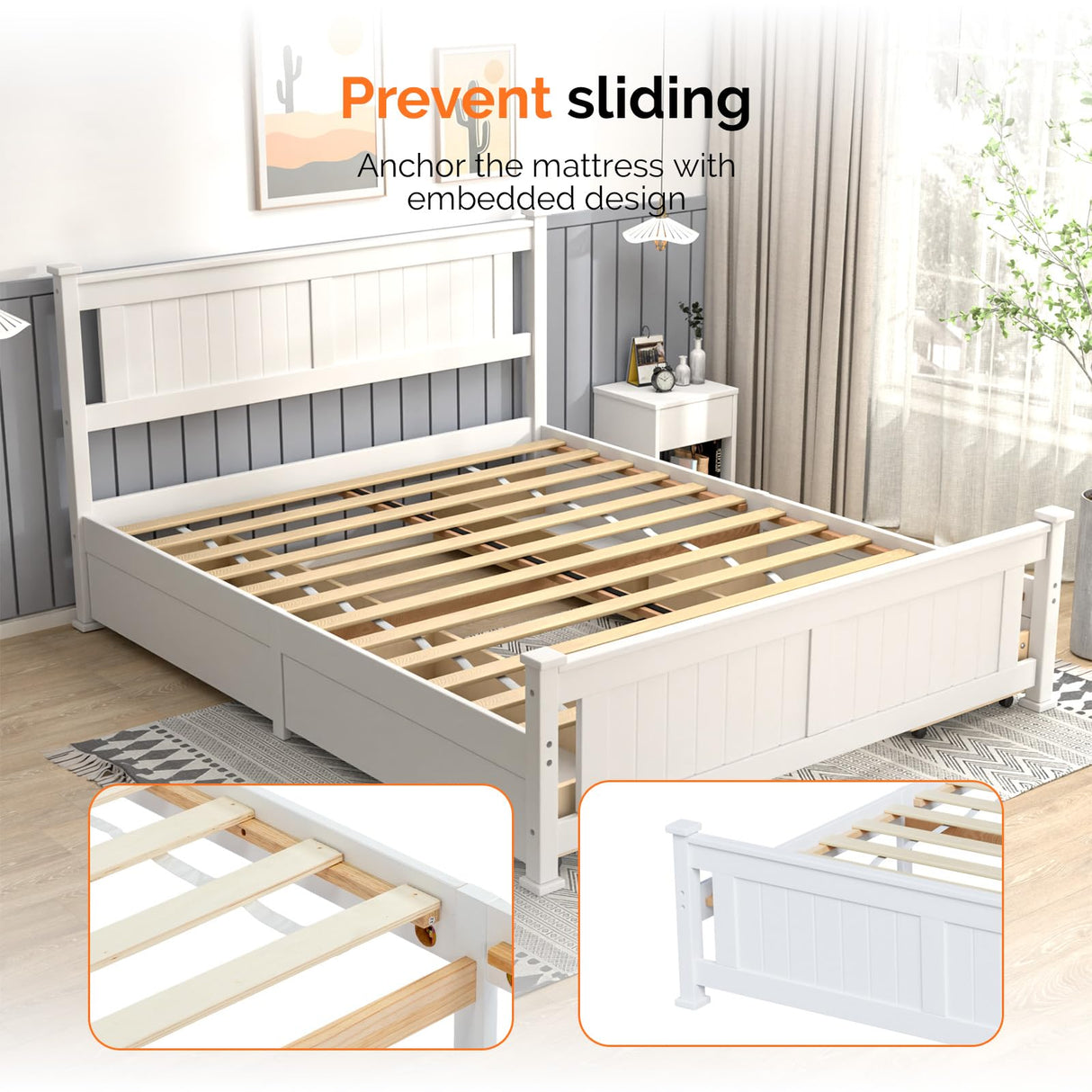 VINGLI Queen White Wood Bed Frame with Storage Drawers and Headboard VINGLI