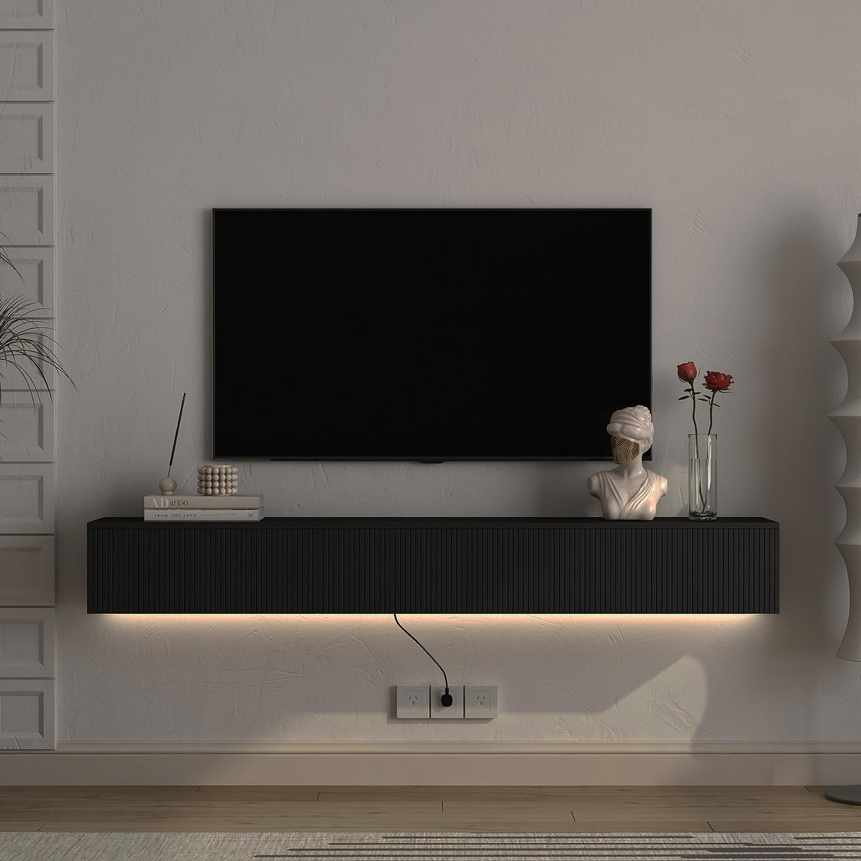 Floating TV Stand, Wall Mounted TV Shelf with LED Lights & Power Outlet, 68.8" Modern Entertainment Center Media Console with Storage with 3 Fluted Flip-Down Doors for Living Room,Bedroom(Black) GOSROMS