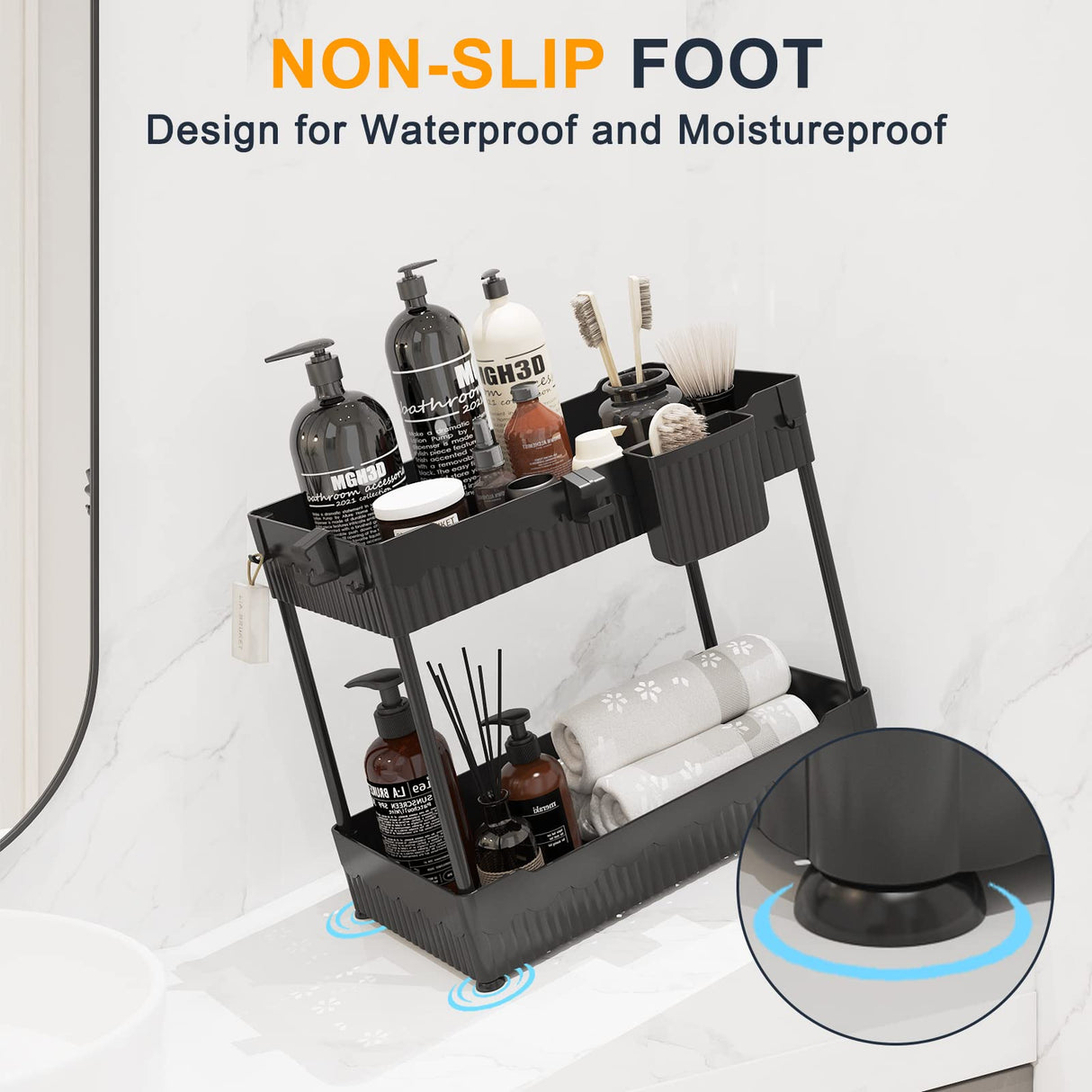 Sevenblue 4 Pack Under Sink Organizer, Under Bathroom Cabinet Organizer with Hooks Hanging Cup, Multi-Purpose Storage Shelf for Kitchen Bathroom, Black Sevenblue