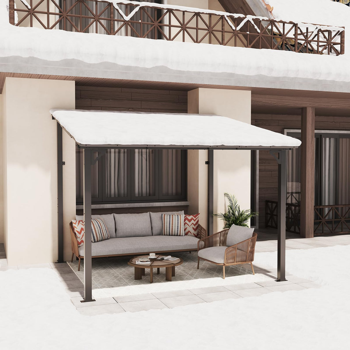 SUNSITT 8’ x 10’ Gazebo, Outdoor Lean to Gazebo Pergola w/Drainage Holes, Wall-Mounted Gazebo with Hard Top Metal Awnings for Patio Backyard Deck, Dark Grey SUNSITT