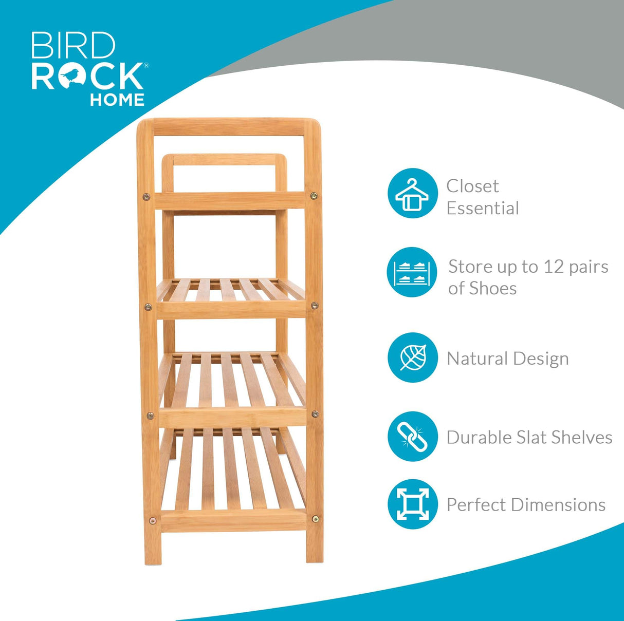 BIRDROCK HOME 4-Tier Bamboo Shoe Rack - Lightweight Wooden Organizer - Free Standing Storage Shelf for Closets, Hallways, Entryways, Mudrooms, and Front Doors - Art Deco Style - Fits 12 Pairs of Shoes BIRDROCK HOME