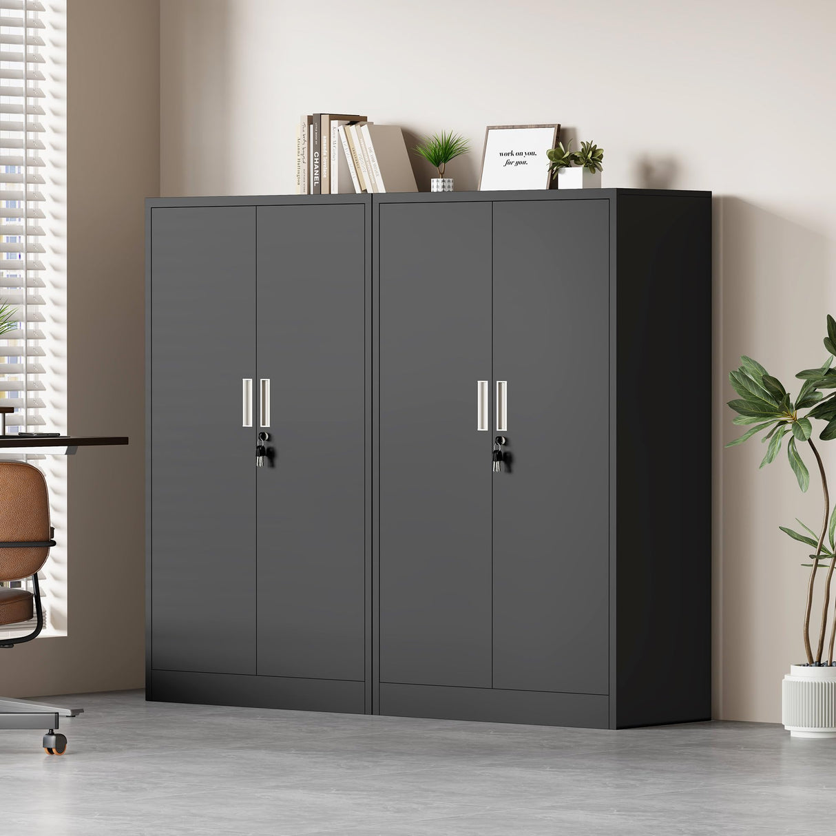 JINKUR Metal Storage Cabinet with Locking Doors and 3 Adjustable Shelves, Lockable Storage Cabinets for Home Office Garage Kitchen Pantry (Black) JINKUR