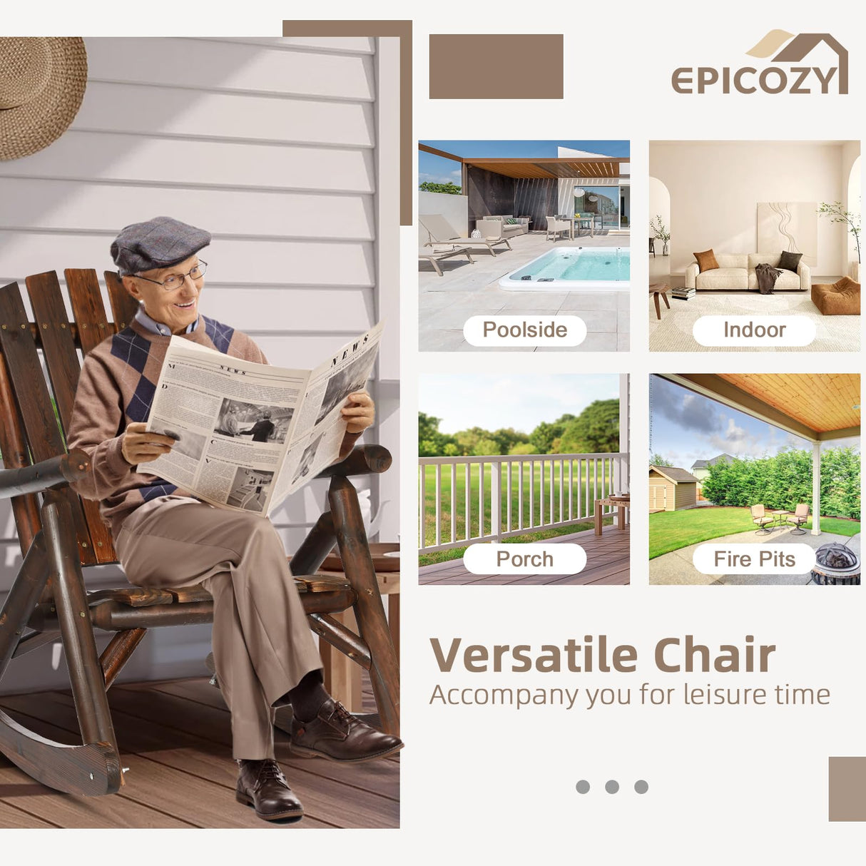 EPICOZY Outdoor Wooden Rocking Chair, Patio Rustic Adirondack Porch Rocker, All Weather Solid Wood Log Rocker Chair with High Back & Slatted Seat for Indoor, Backyard, Garden, Carbonized EPICOZY