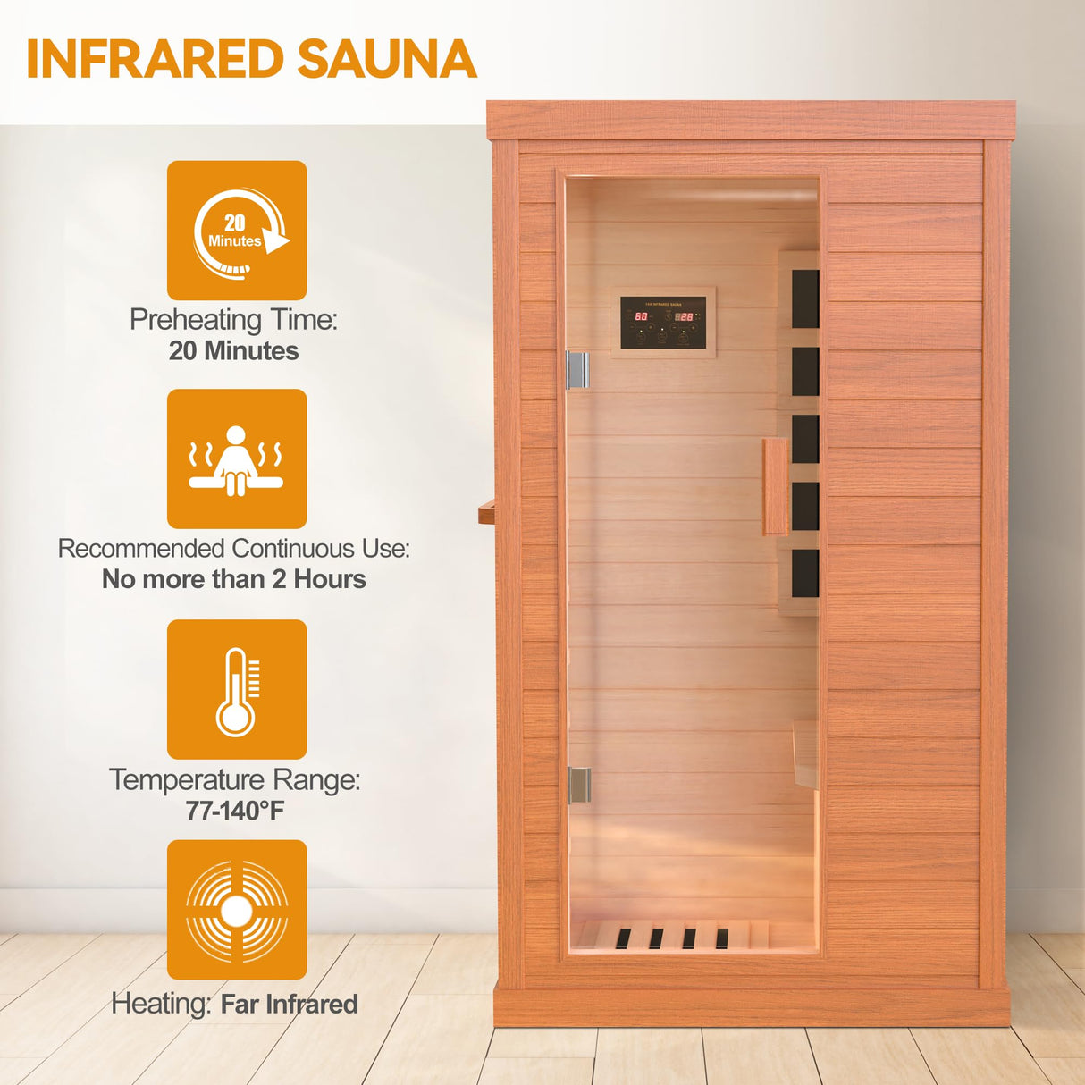 HUGROVE Far Infrared Wooden Sauna, Indoor Sauna with Bluetooth Speakers & 5 Heating Panel, 900W Aucoumea klaineana Dry Sauna for Home, Intelligent Control Panel and Tempered Glass Door HUGROVE