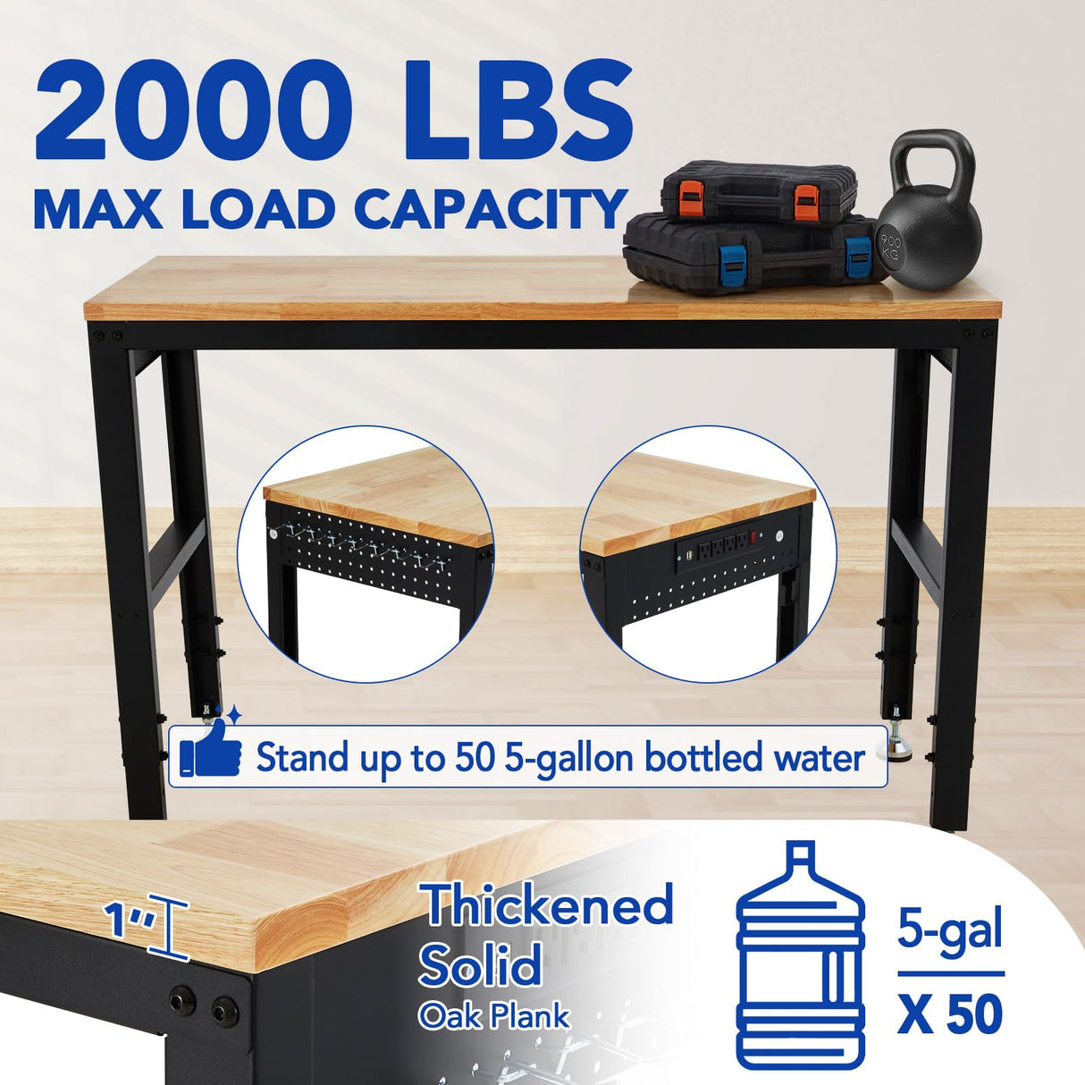 GarveeTech Adjustable Workbench 48"x20", 2000 lbs Load Capacity, Height Adjustable 29.5"-38.4", Ideal Heavy-Duty Garage Worktable with Built-in Power Outlet for Home, Office & Workshop GarveeTech
