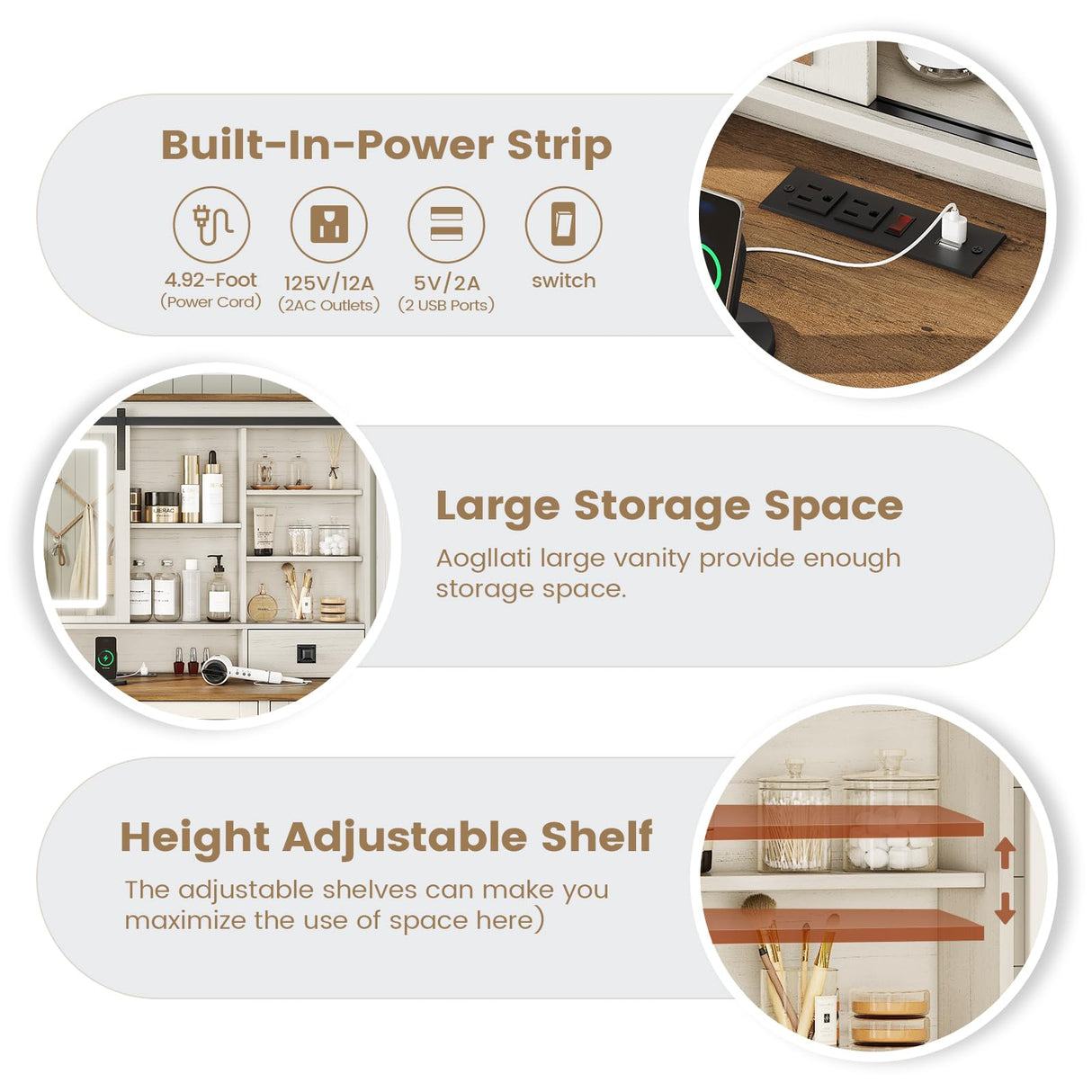 AOGLALTI Farmhouse Vanity Desk with Mirror and Lights, Makeup Vanity with Lights & Charging Station, Large White Vanity Table with Ample Storage Space and Sliding Mirror (White) AOGLLATI