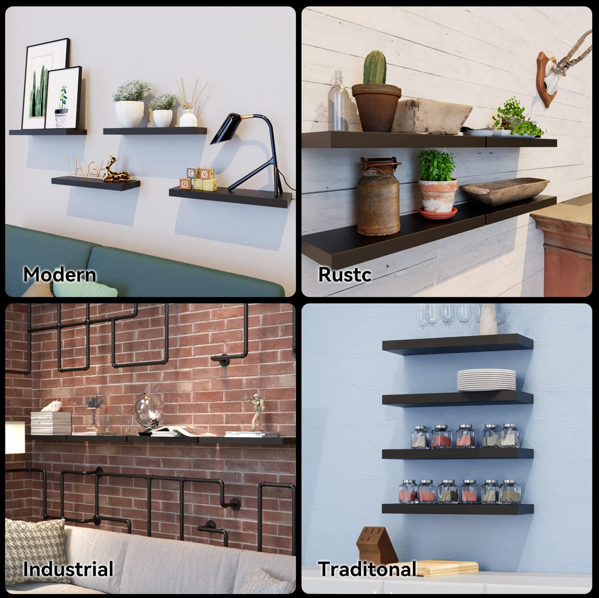 Boswillon Black Floating Shelves for Wall, 4 Sets Wall Mounted Shelves, Display Shelves for Wall Decor, Shelf for Bathroom, Kitchen, Living Room – Black Boswillon