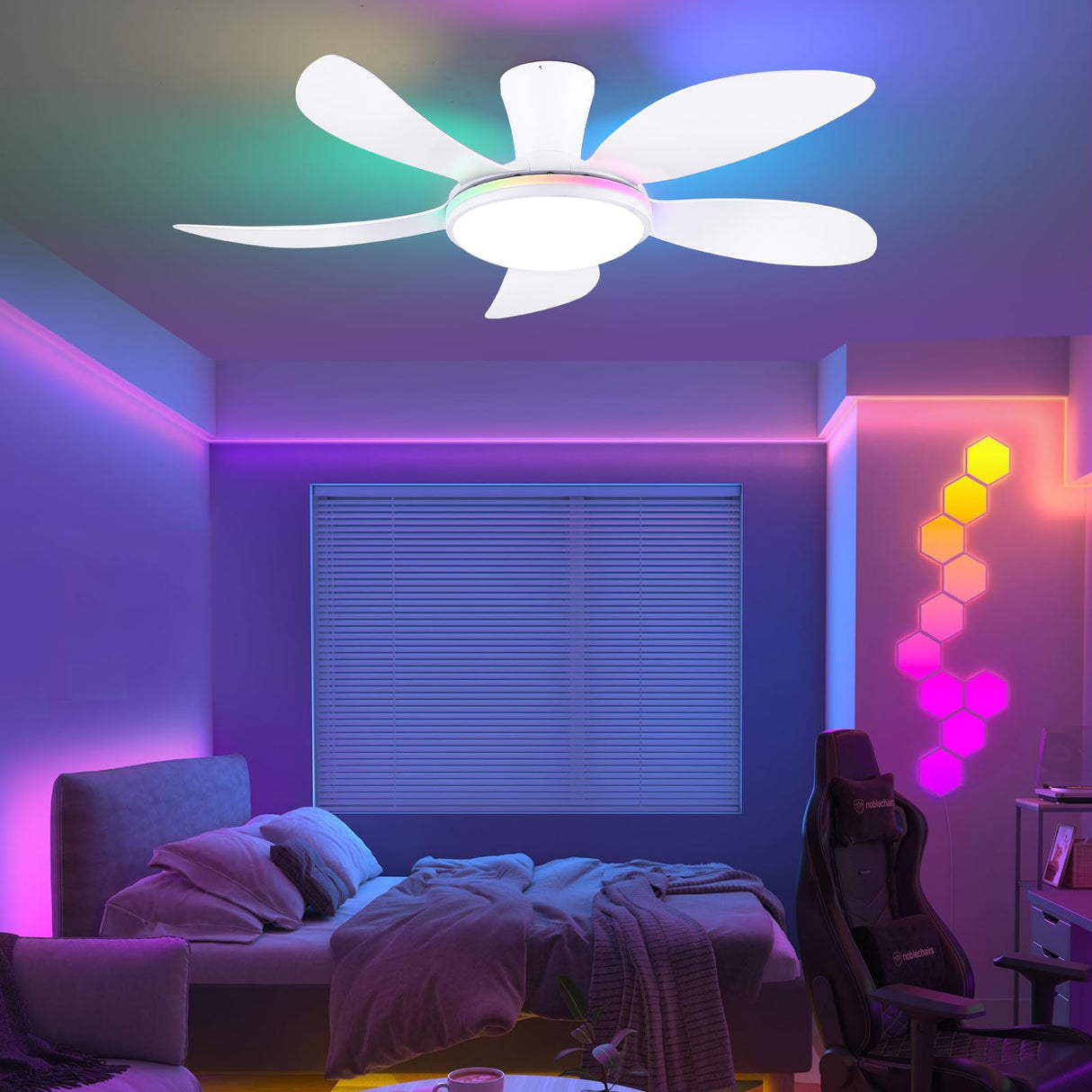 PHORUS RGB Ceiling Fans with Lights and Remote/APP,48" White Low Profile Ceiling Fans with Quiet Reversible DC Motor, Dimmable LED Ceiling Fans with 3 Colors 6 Speeds PHORUS