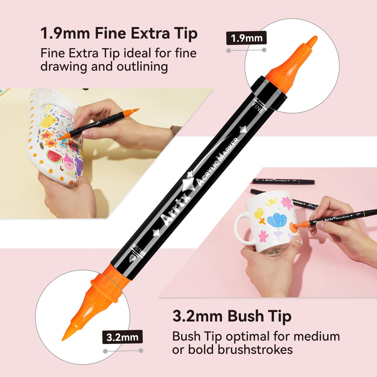 Arrtx Acrylic Paint Markers 64 Colors, Dual Tip Acrylic Paint Pens with Fine Tip and Brush Tip, Art Supplies for Rock Painting, Wood, Ceramic, Fabric, Glass, Card Making, DIY Crafts Arrtx
