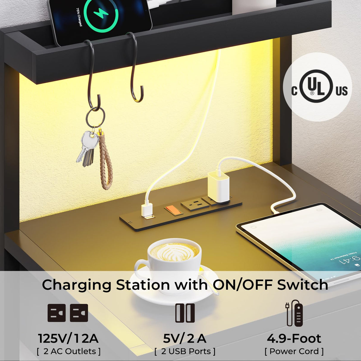 VIAGDO Led Nightstand with Charging Station, 3 Drawers Night Stands with Led Lights, Black Bedside Tables with Storage Shelves, Modern End Side Tables for Bedroom, Office VIAGDO