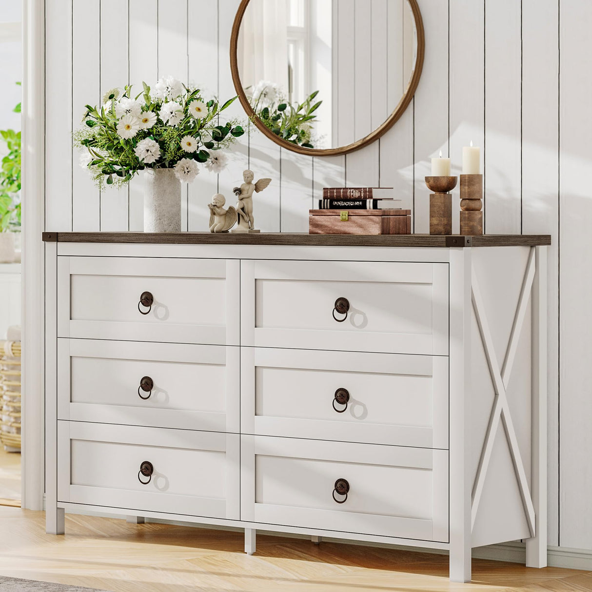 ChooChoo Farmhouse 6 Drawer Dresser, White Dresser for Bedroom, Wide Dressers & Chests of Drawers for Entryway, Hallway ChooChoo