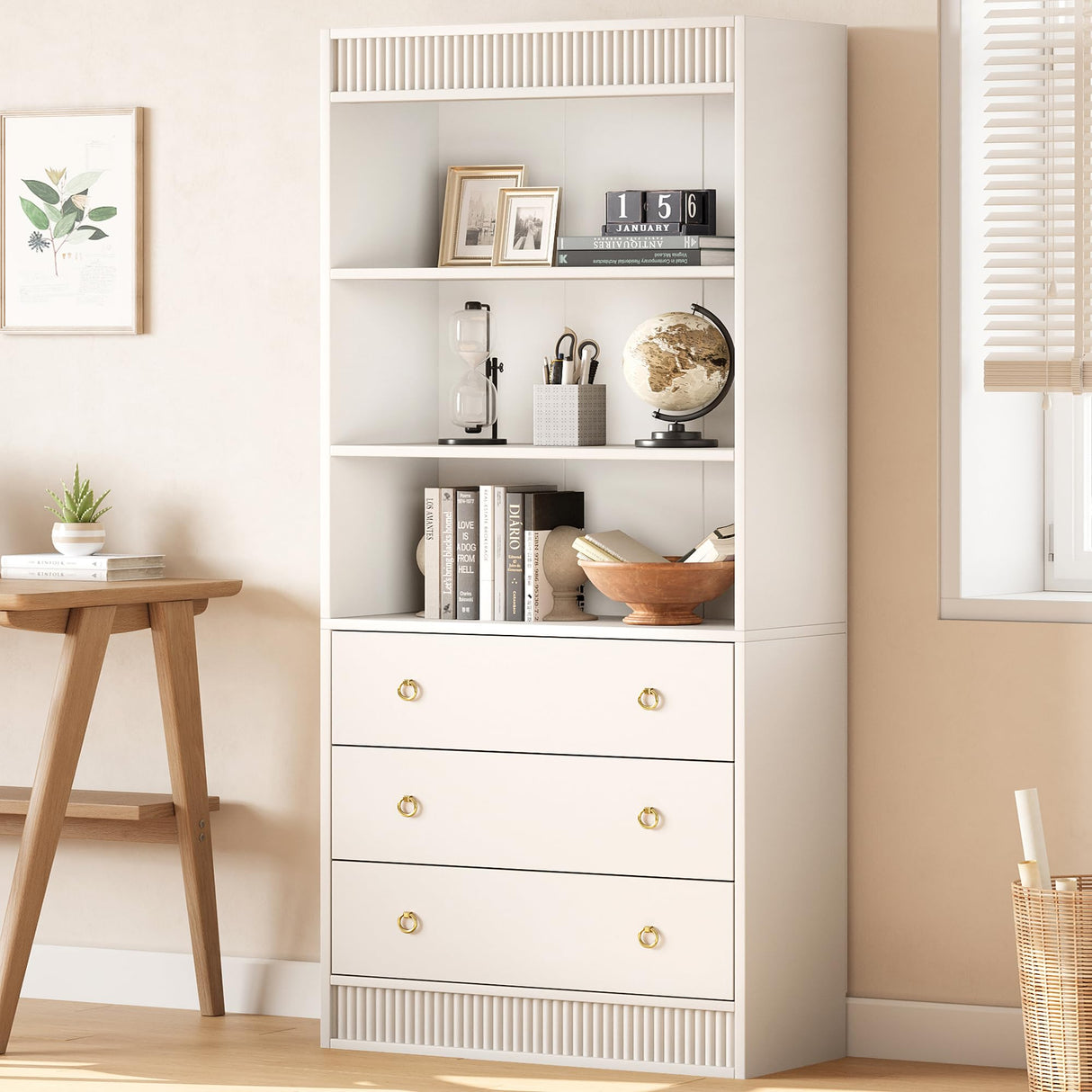 GarveeHome Bookshelf with Drawers 70.8" Fluted Bookcase, White Bookshelf 6 Tier Bookcase with Storage, Tall Book Shelf with Waved Design, Storage Cabinet with Open Shelf for Living Room Office GarveeHome